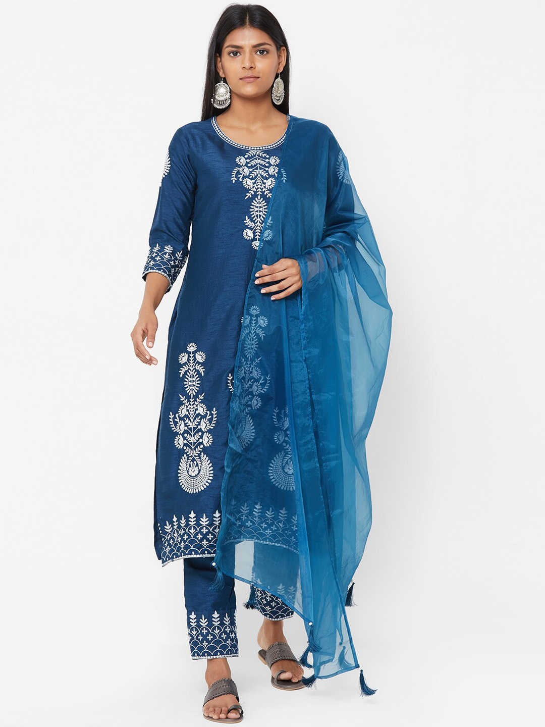 

FASHOR Women Blue Embroidered Angrakha A-Line Dupion Silk Kurti & Palazzos With Dupatta