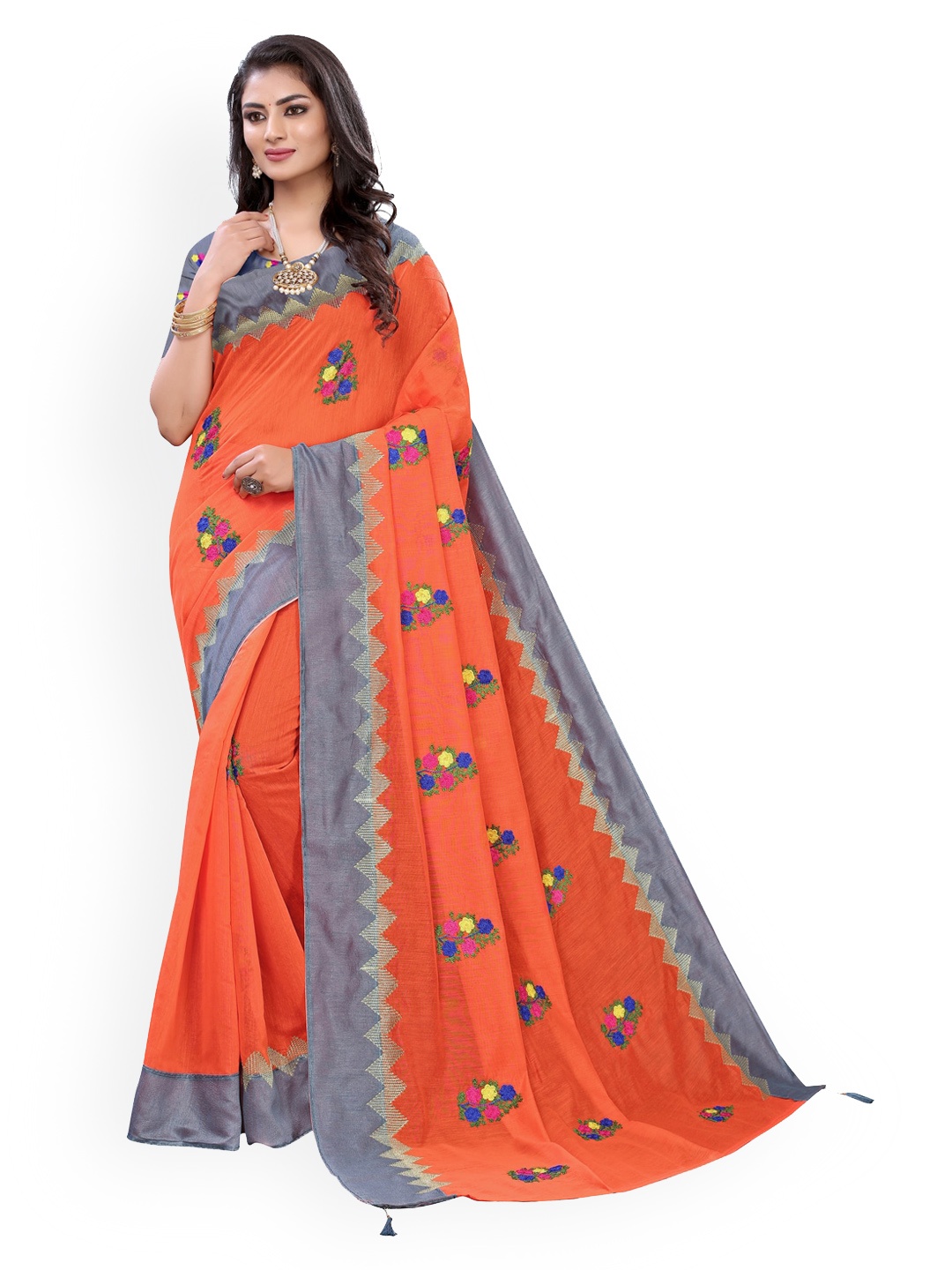 

KALINI Orange Embroidered Polycotton Saree