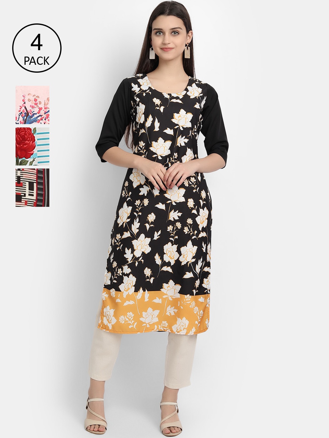 

Ethnic basket Pack of 4 Women Multicoloured Floral Printed Crepe Kurta, Multi