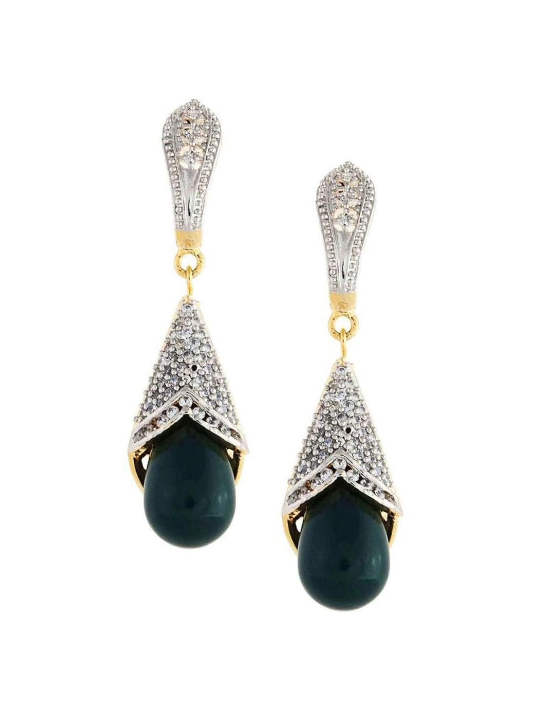 Crunchy Fashion Silver-Plated & Green AD Contemporary Drop Earrings