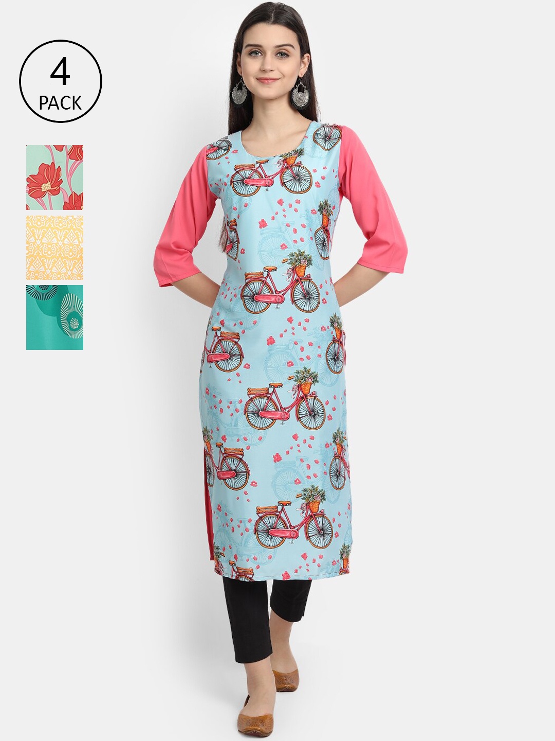 

Ethnic basket Women Pack Of 4 Multicoloured Quirky Printed Crepe Kurta, Multi
