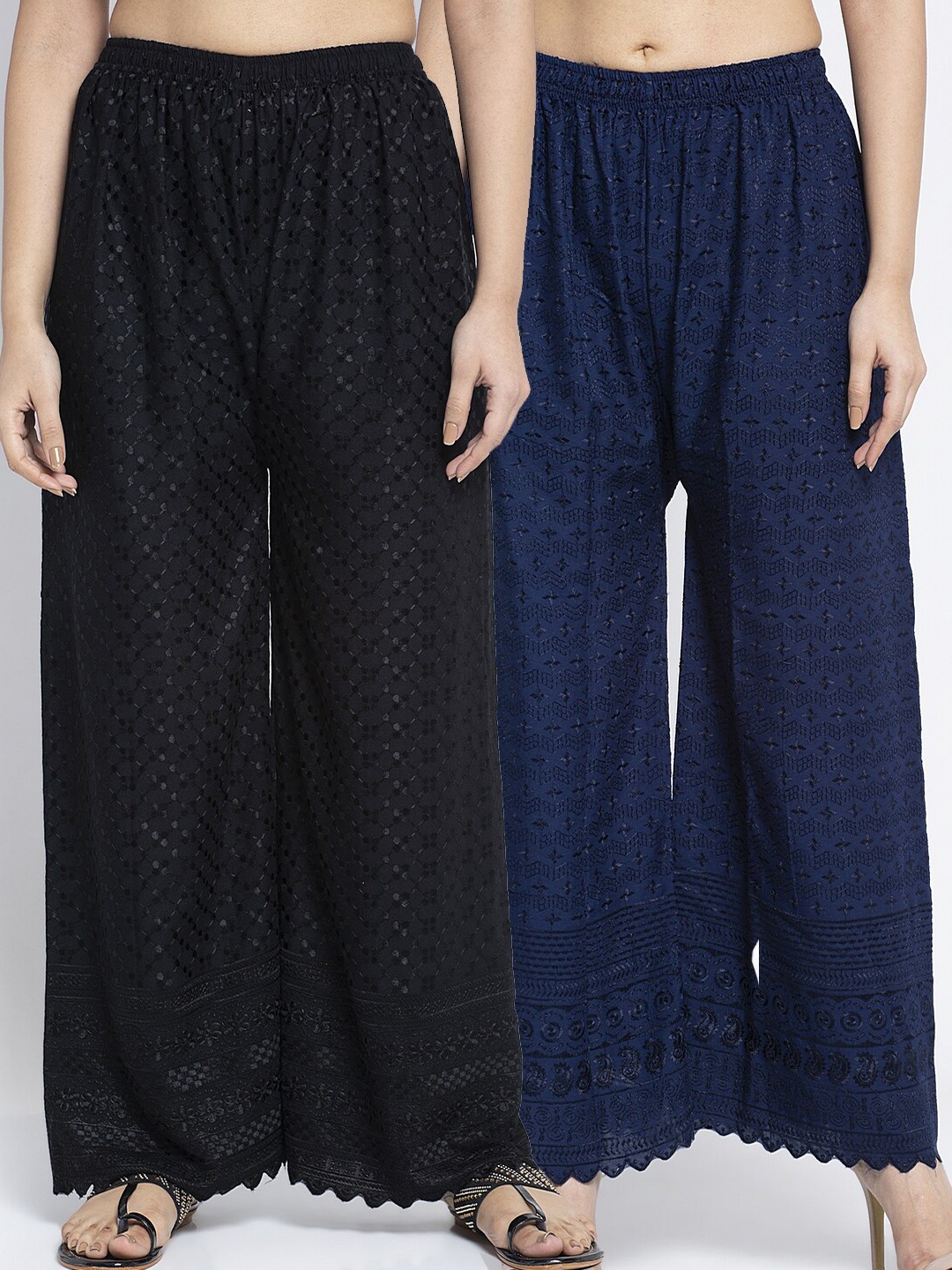 

GRACIT Women Pack Of 2 Black & Navy Blue Embroidered Flared Palazzos