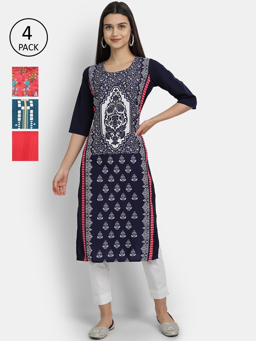 

Ethnic basket Women Pack Of 4 Ethnic Motifs Printed Crepe Kurta, Multi