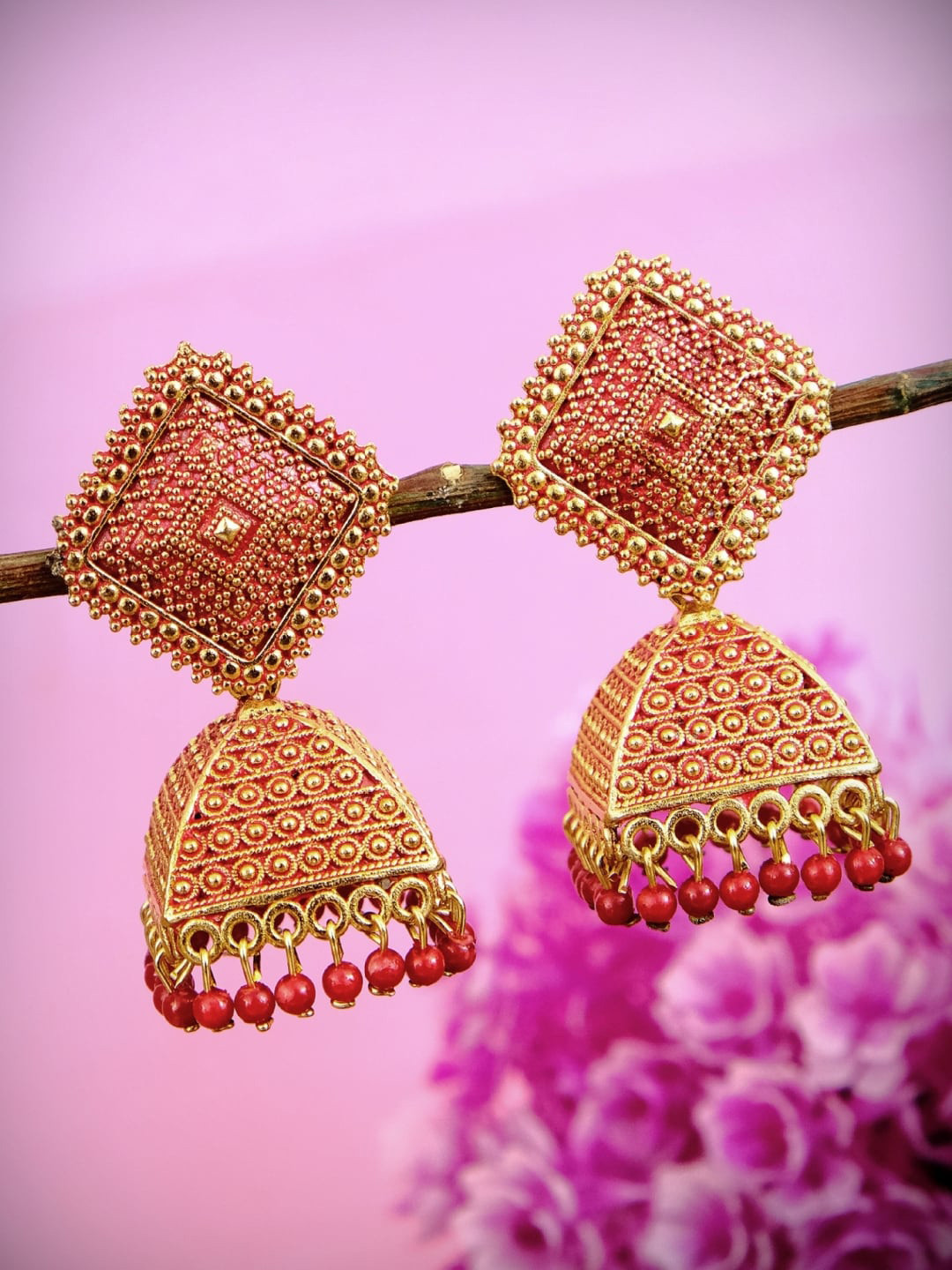 

Crunchy Fashion Gold-Plated & Red Handcrafted Contemporary Jhumkas