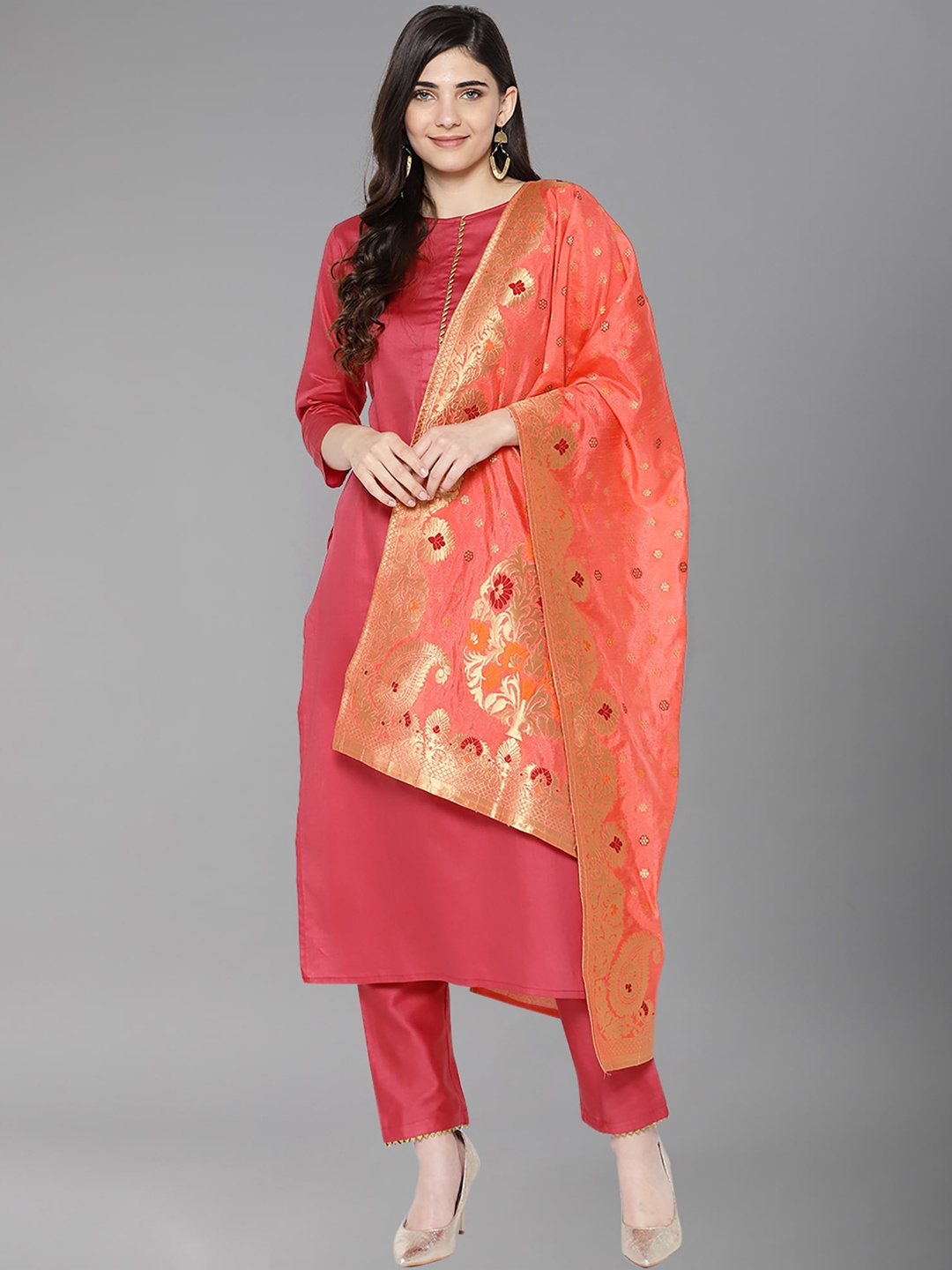 

Indo Era Women Magenta & Peach-Coloured Straight Kurta with Trousers & Dupatta