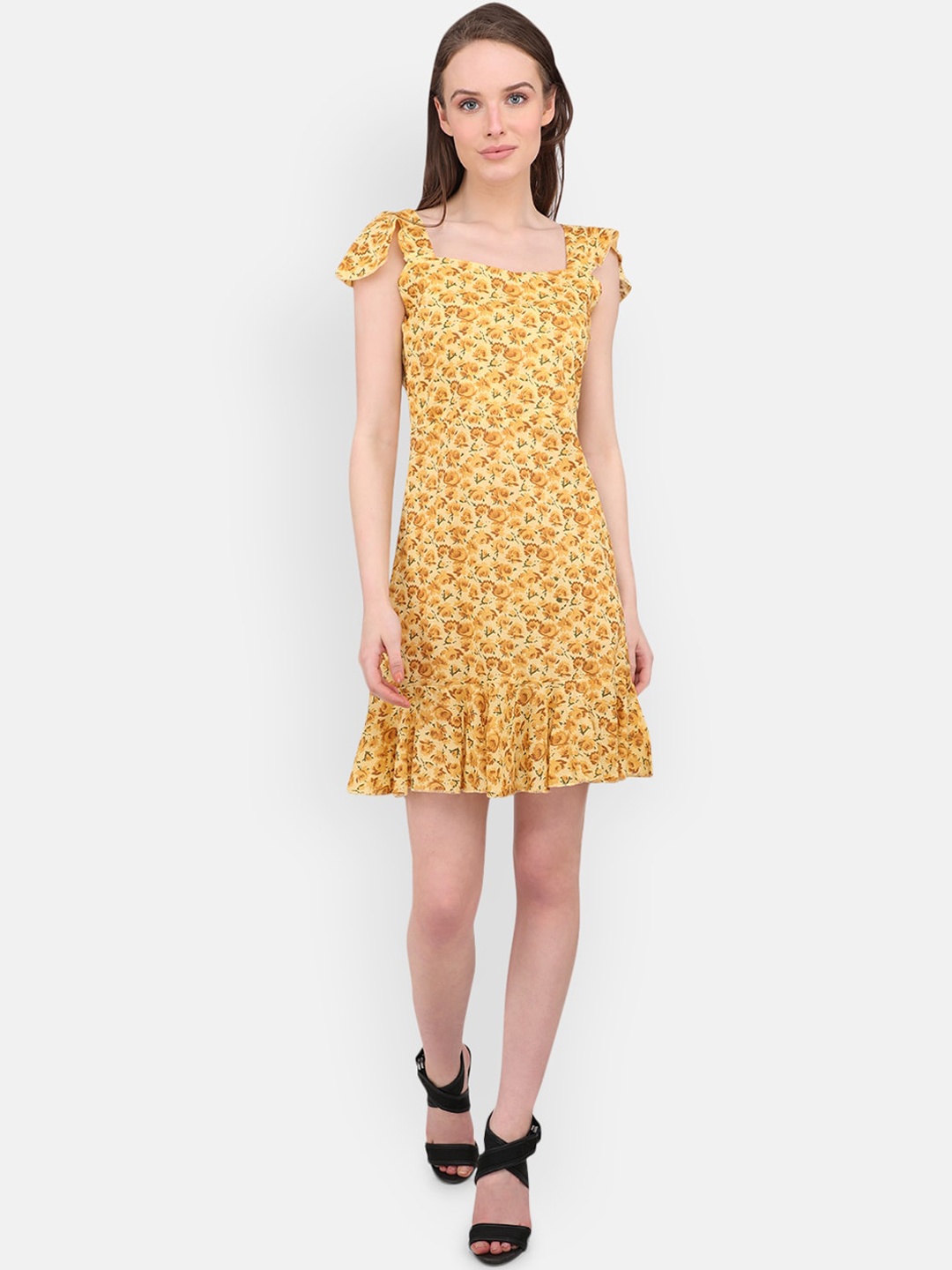 

MARC LOUIS Yellow Floral Printed A-Line Dress