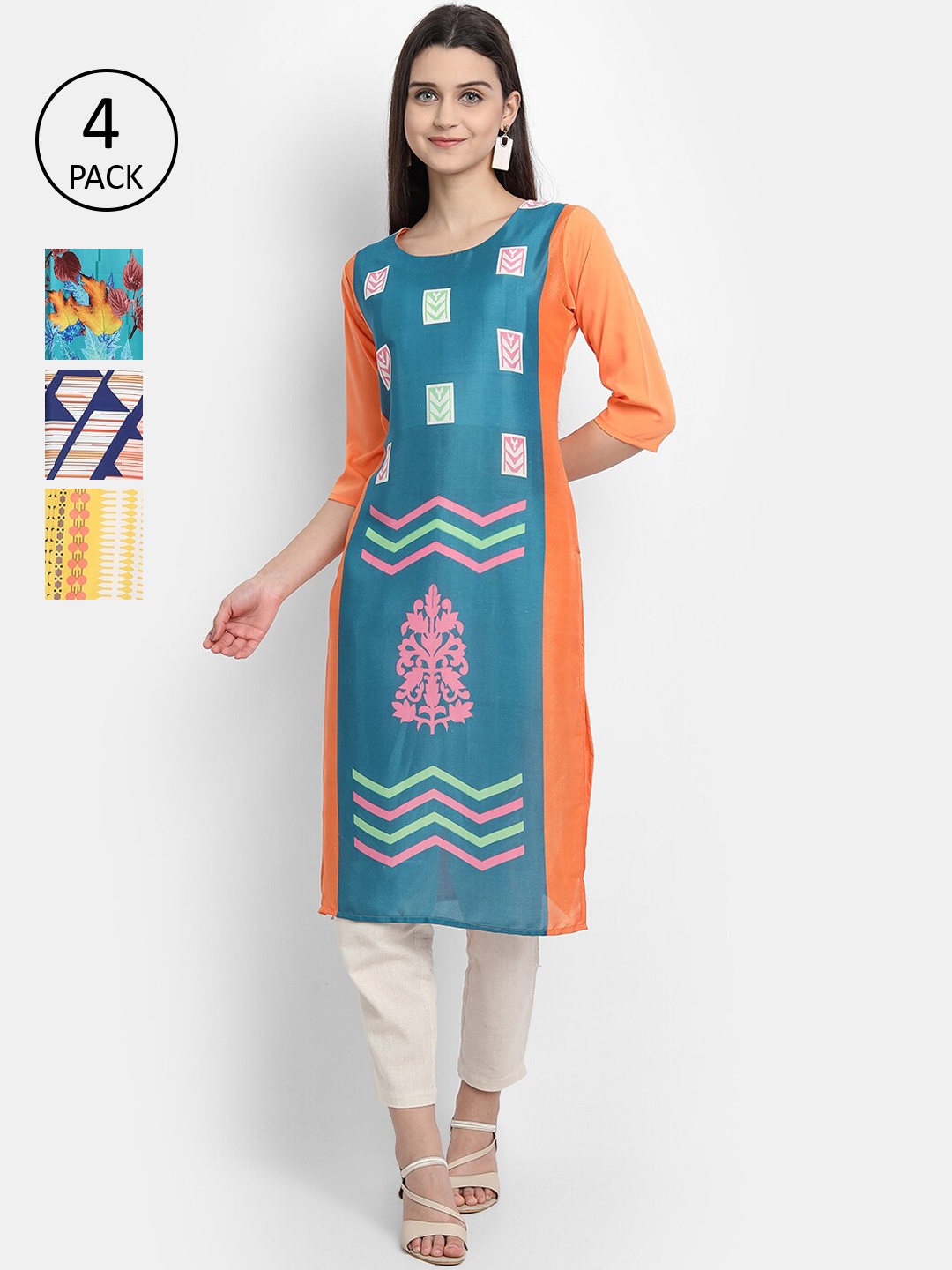 

Ethnic basket Women Pack Of 4 Multicoloured Geometric Printed Crepe Kurta, Multi