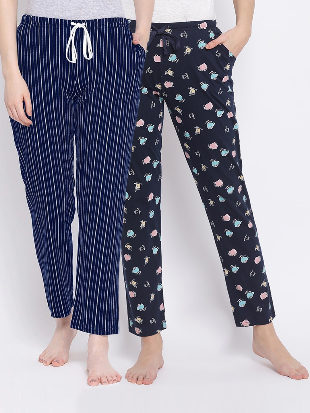 

Kanvin Women Pack Of 2 Printed Pure Cotton Lounge Pants, Navy blue