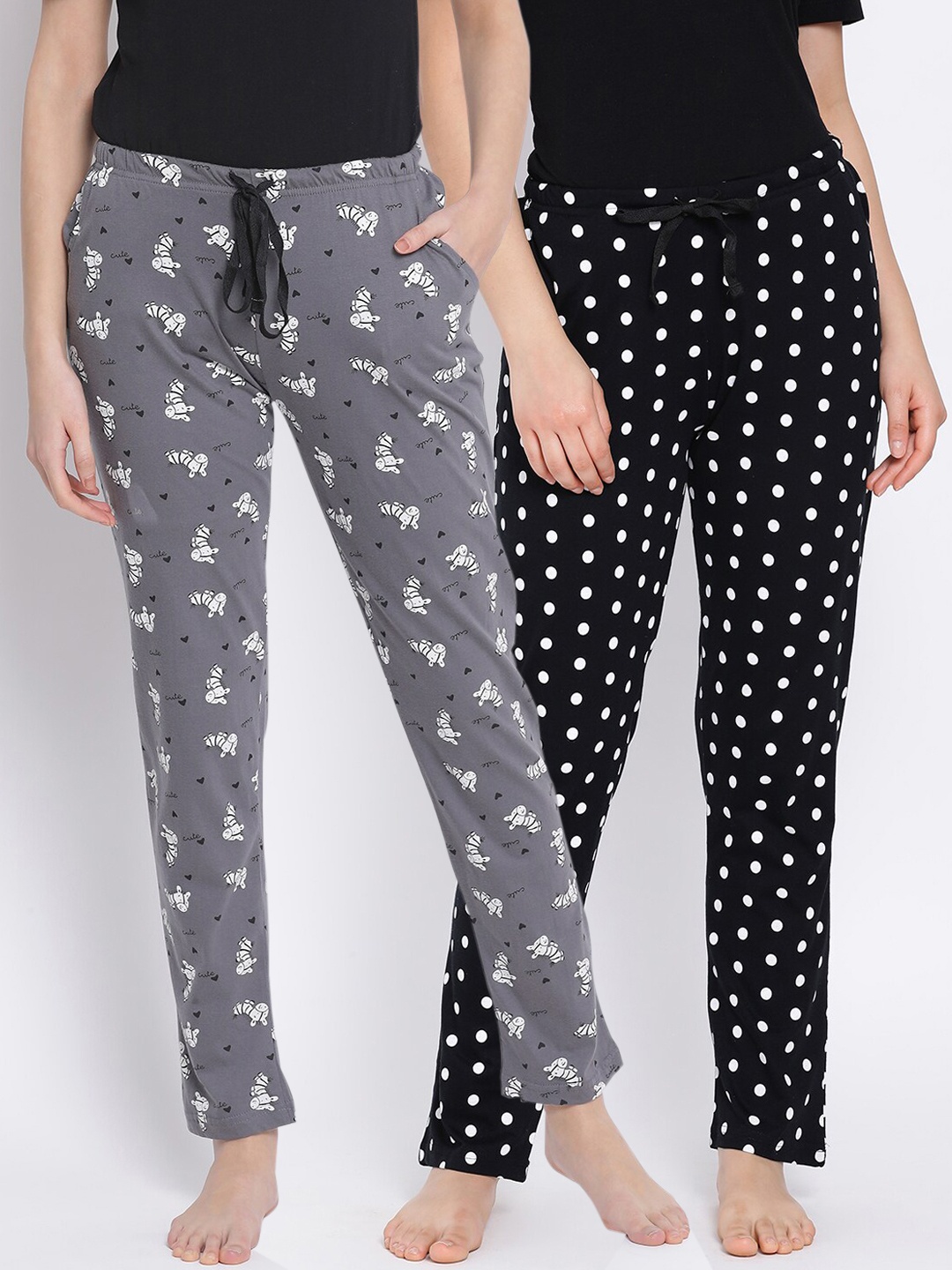 

Kanvin Women Pack Of 2 Printed Pure Cotton Lounge Pants, Black