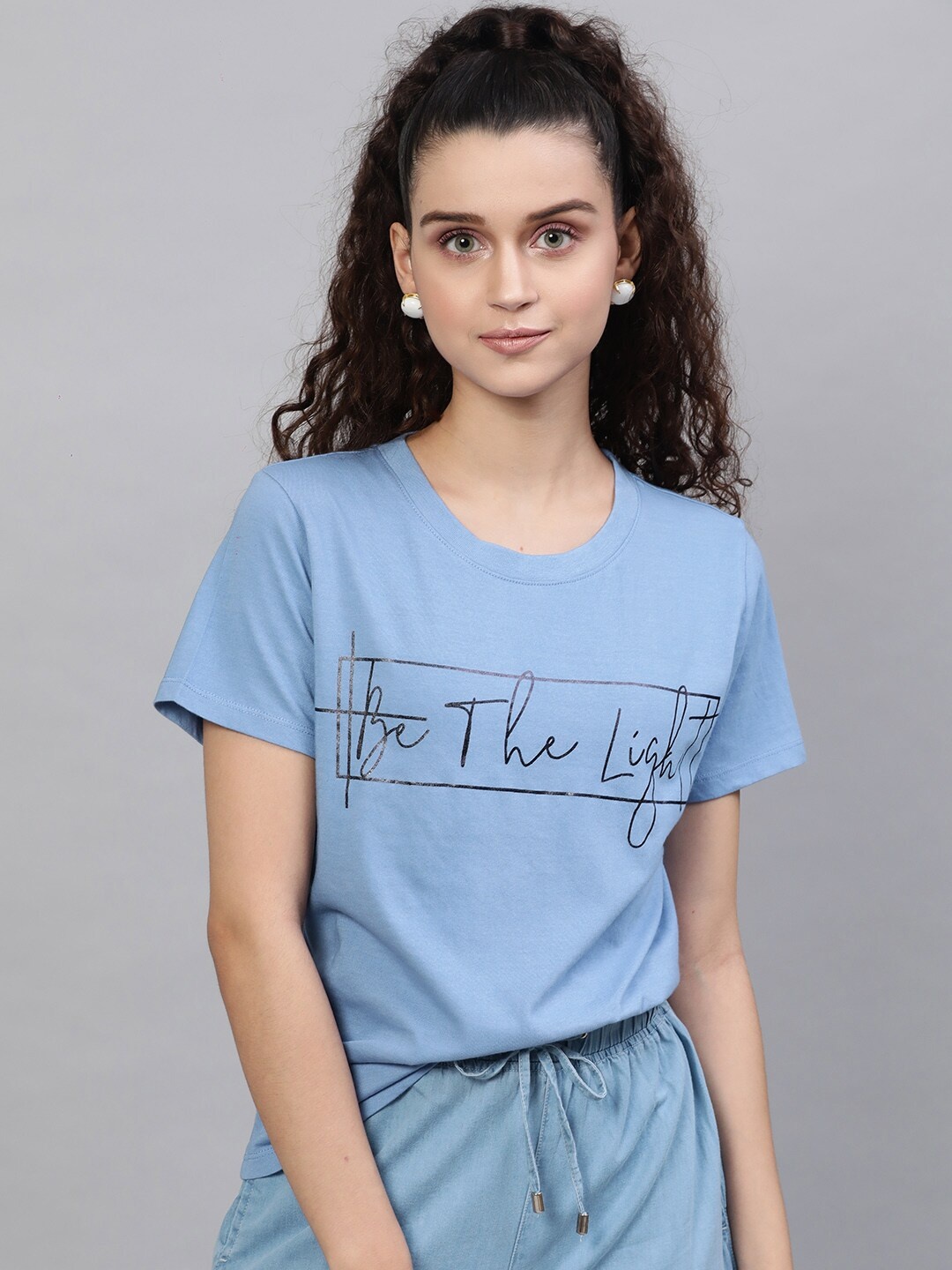STREET 9 Women Blue Printed Round Neck Pure Cotton T-shirt