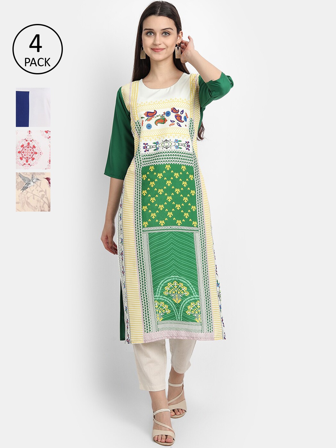 

Ethnic basket Women Pack of 4 Printed Crepe Straight Kurta, Green