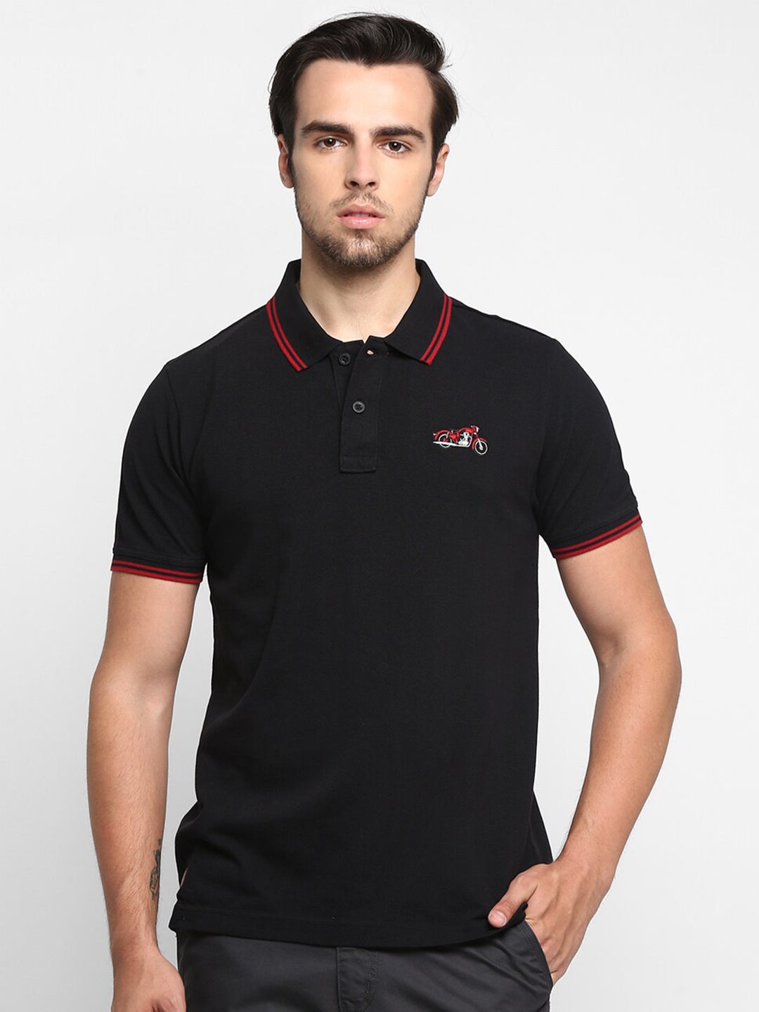 

Royal Enfield Men Black Solid Polo Collar T-shirt