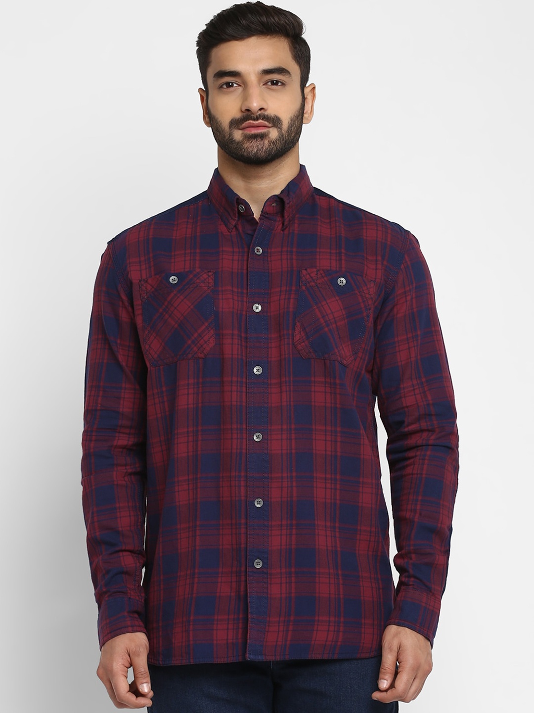 

Royal Enfield Men Navy Blue & Red Regular Fit Checked Casual Shirt