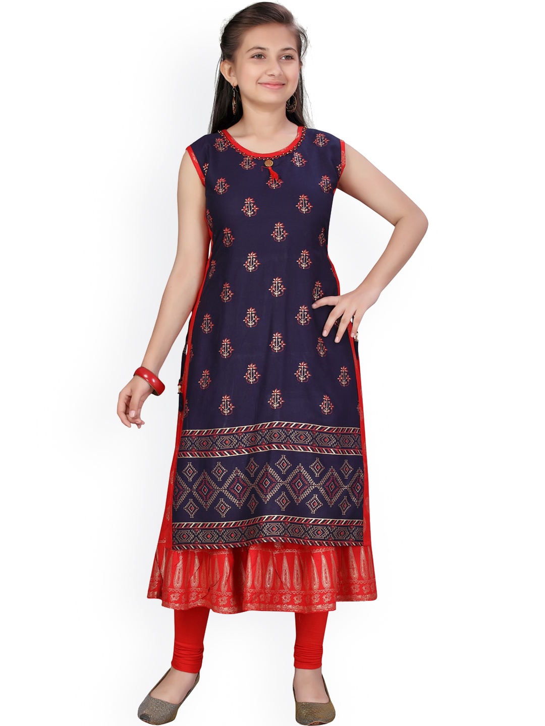 

Aarika Girls Navy Blue & Red Ethnic Motifs Printed Indigo Anarkali Kurta