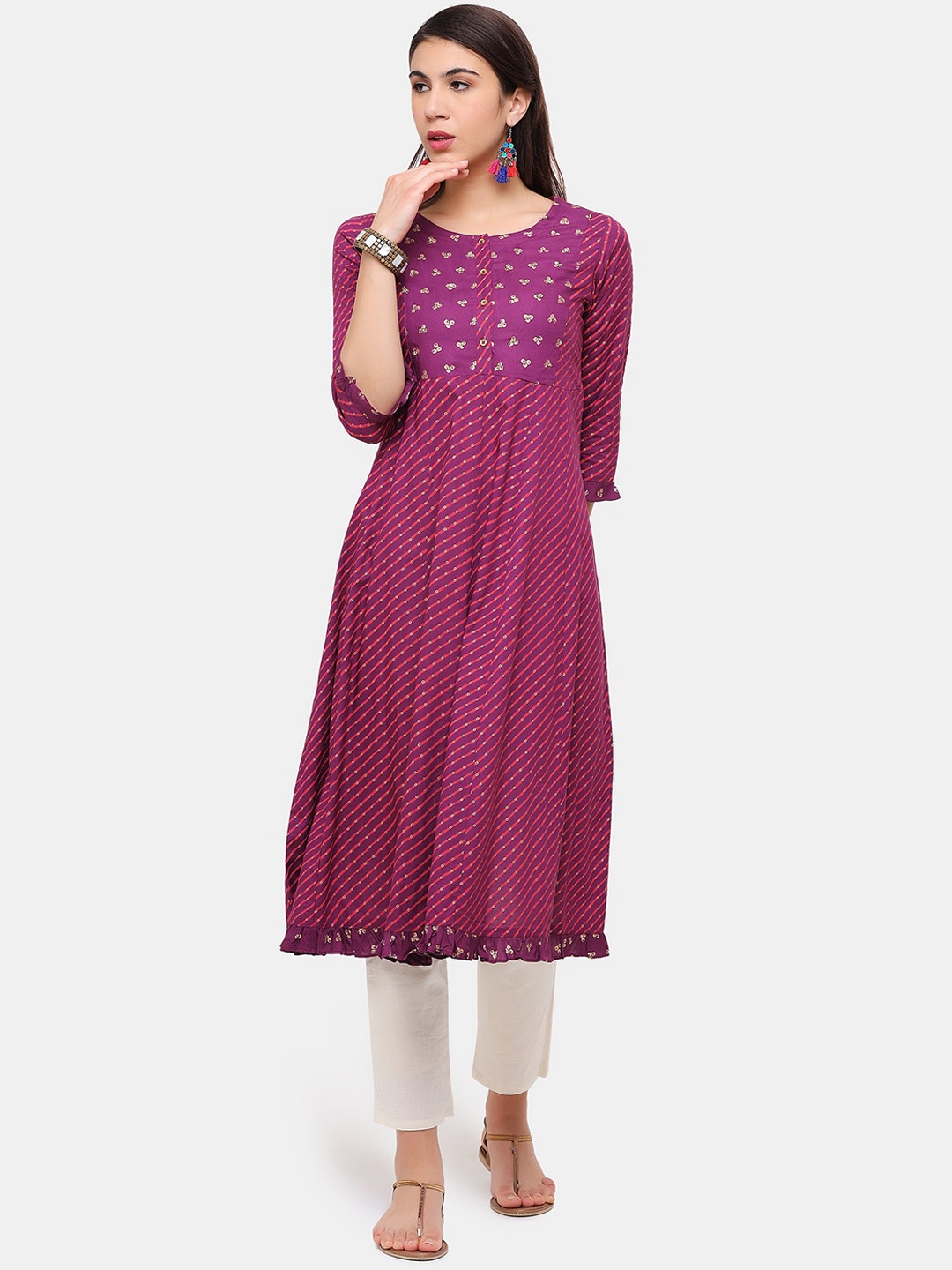 

IMARA Women Purple Ethnic Motifs Printed Mirror Work Anarkali Kurta