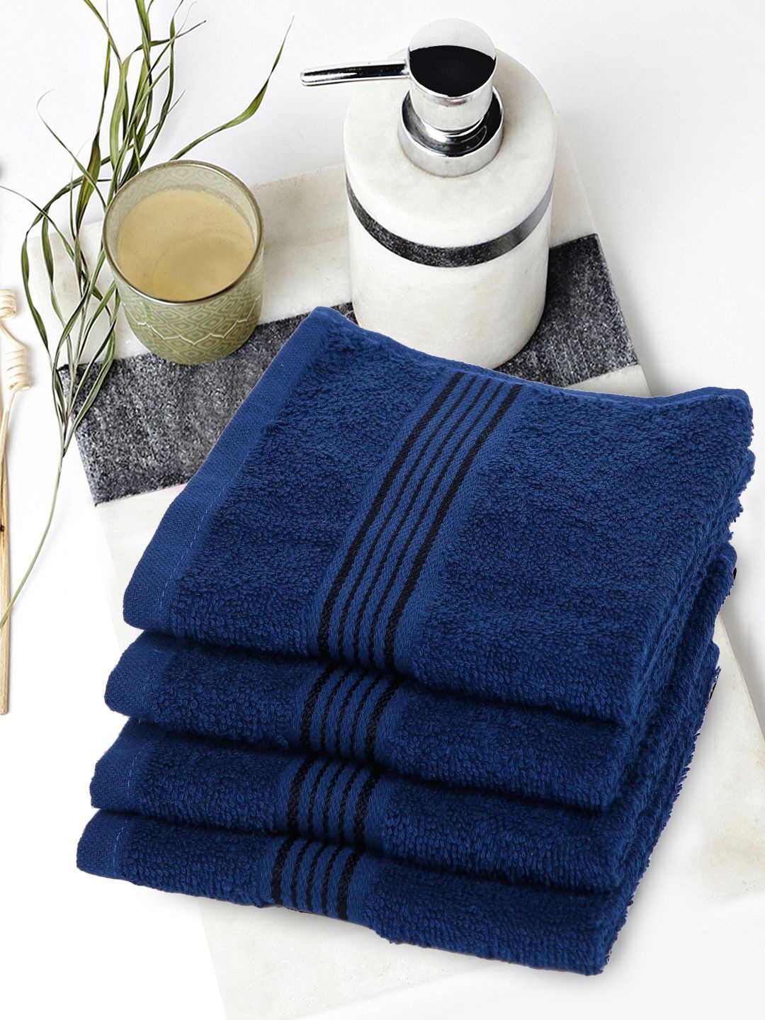 

BIANCA LORENA Unisex Set Of 4 Navy Blue Solid 380 GSM Pure Cotton Super-Soft Terry Face Towels