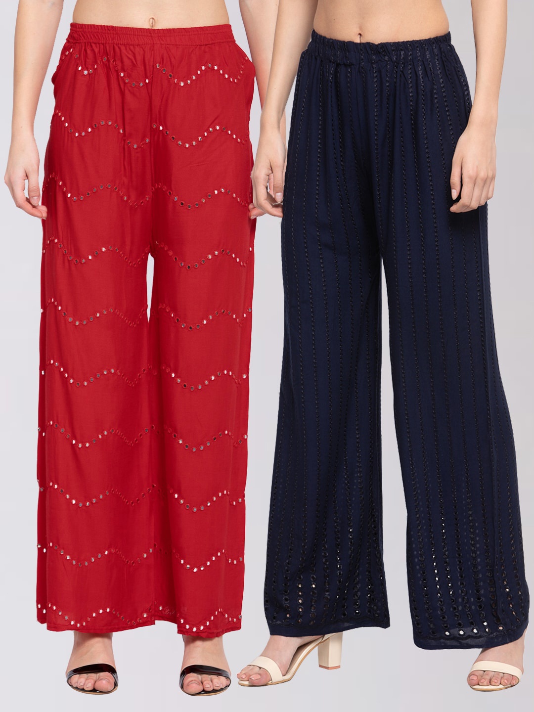 

KLOTTHE Women Pack Of 2 Red & Navy Blue Embroidered Wide Leg Palazzos