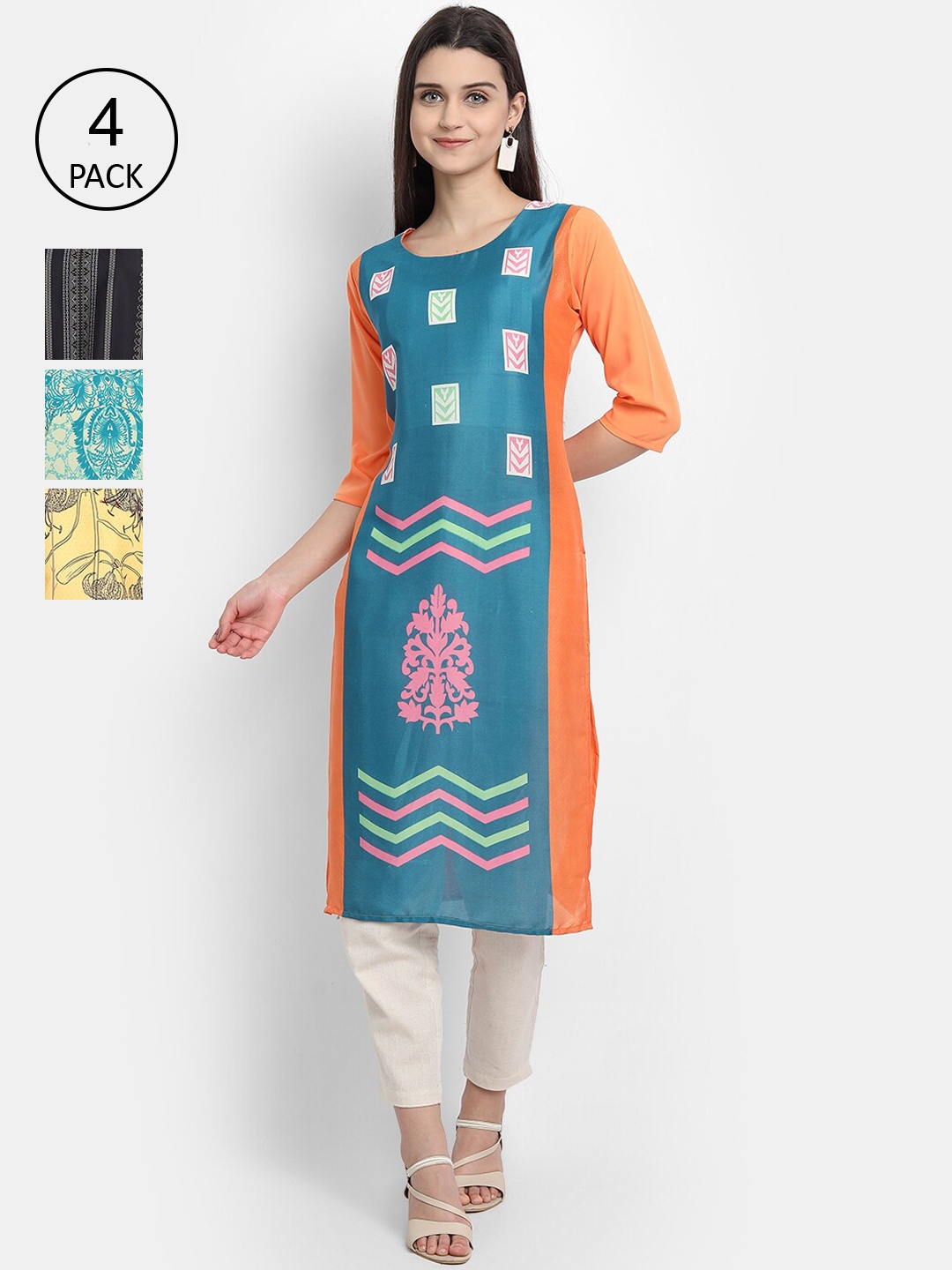Ethnic basket Women Pack Of 4 Printed Crepe Kurta, Blue