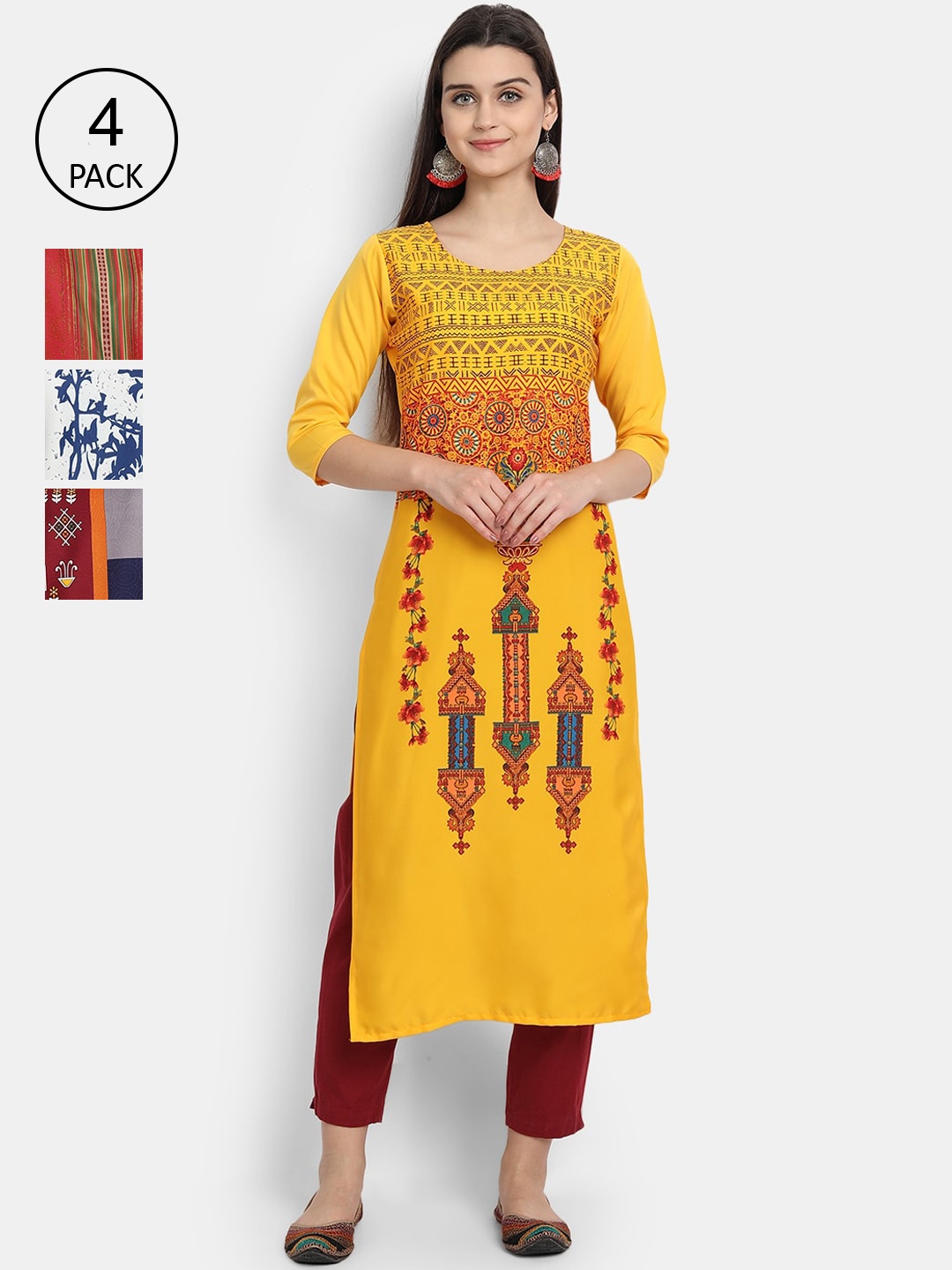 

Ethnic basket Women Pack Of 4 Multicoloured Floral Printed Crepe Kurta, Multi