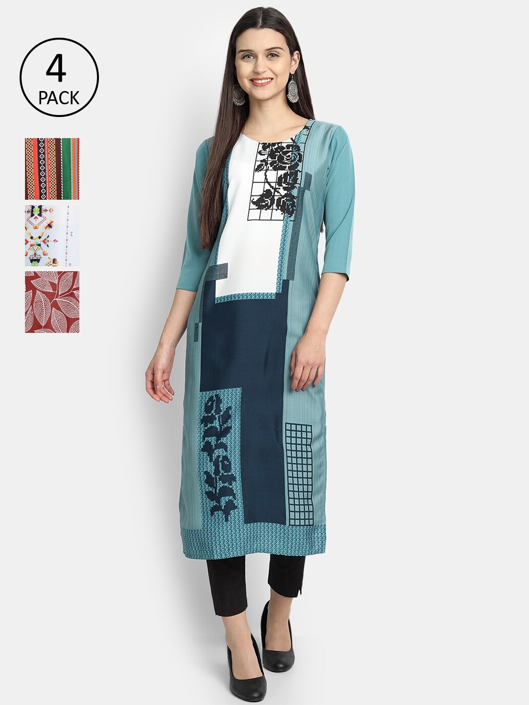 

Ethnic basket Pack of 4 Women Multicoloured Ethnic Motifs Printed Crepe Kurta, Multi