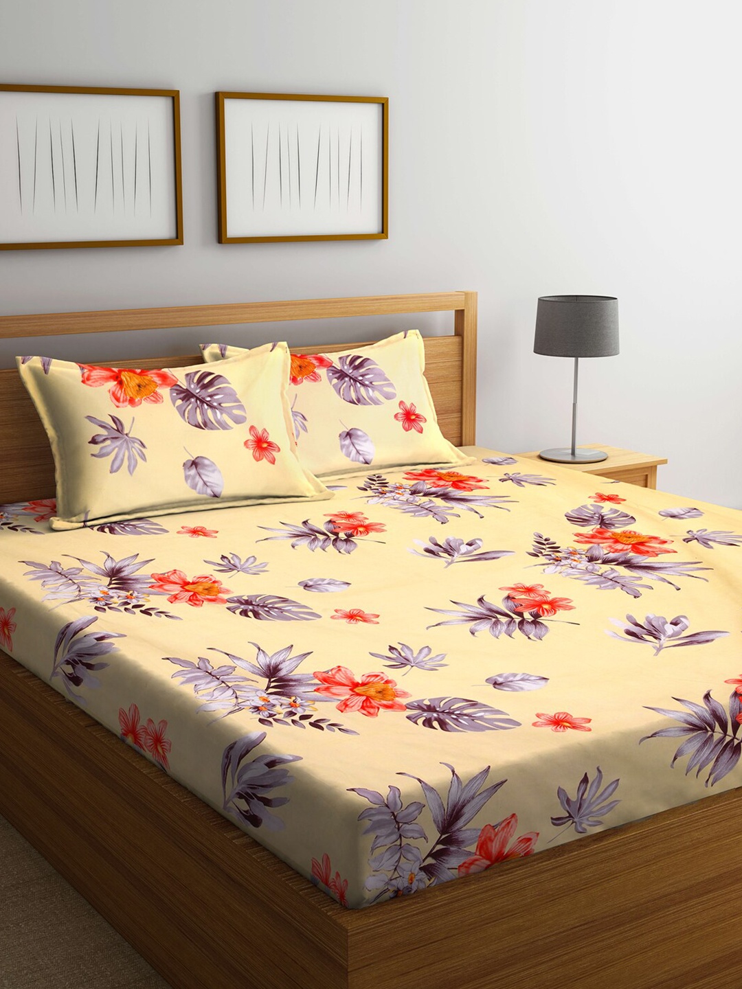 

KLOTTHE Yellow & Taupe Floral 210 TC Polycotton 1 King Bedsheet with 2 Pillow Covers
