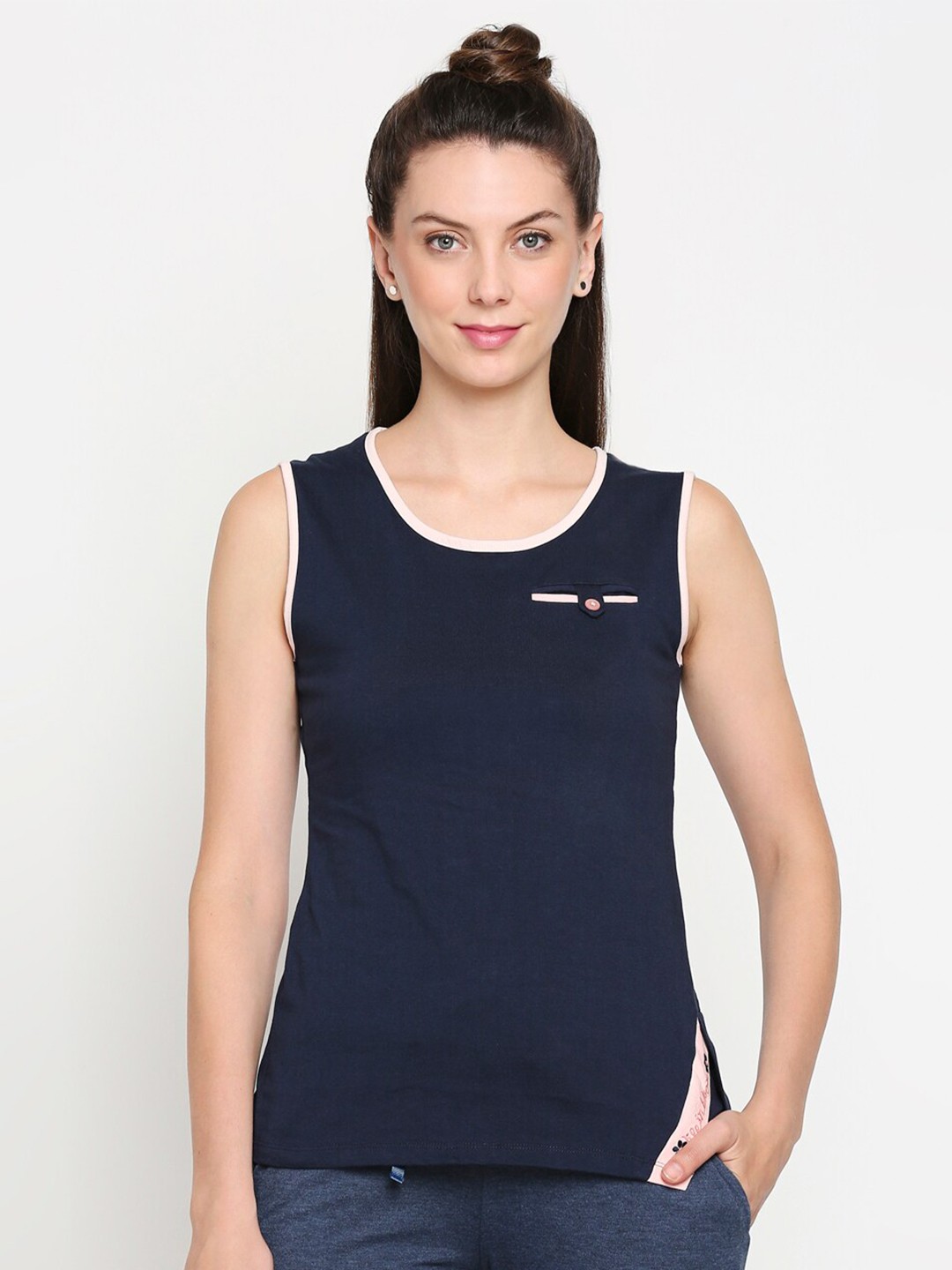 

XIN Women Navy Blue Solid Round Neck Cotton T-shirt