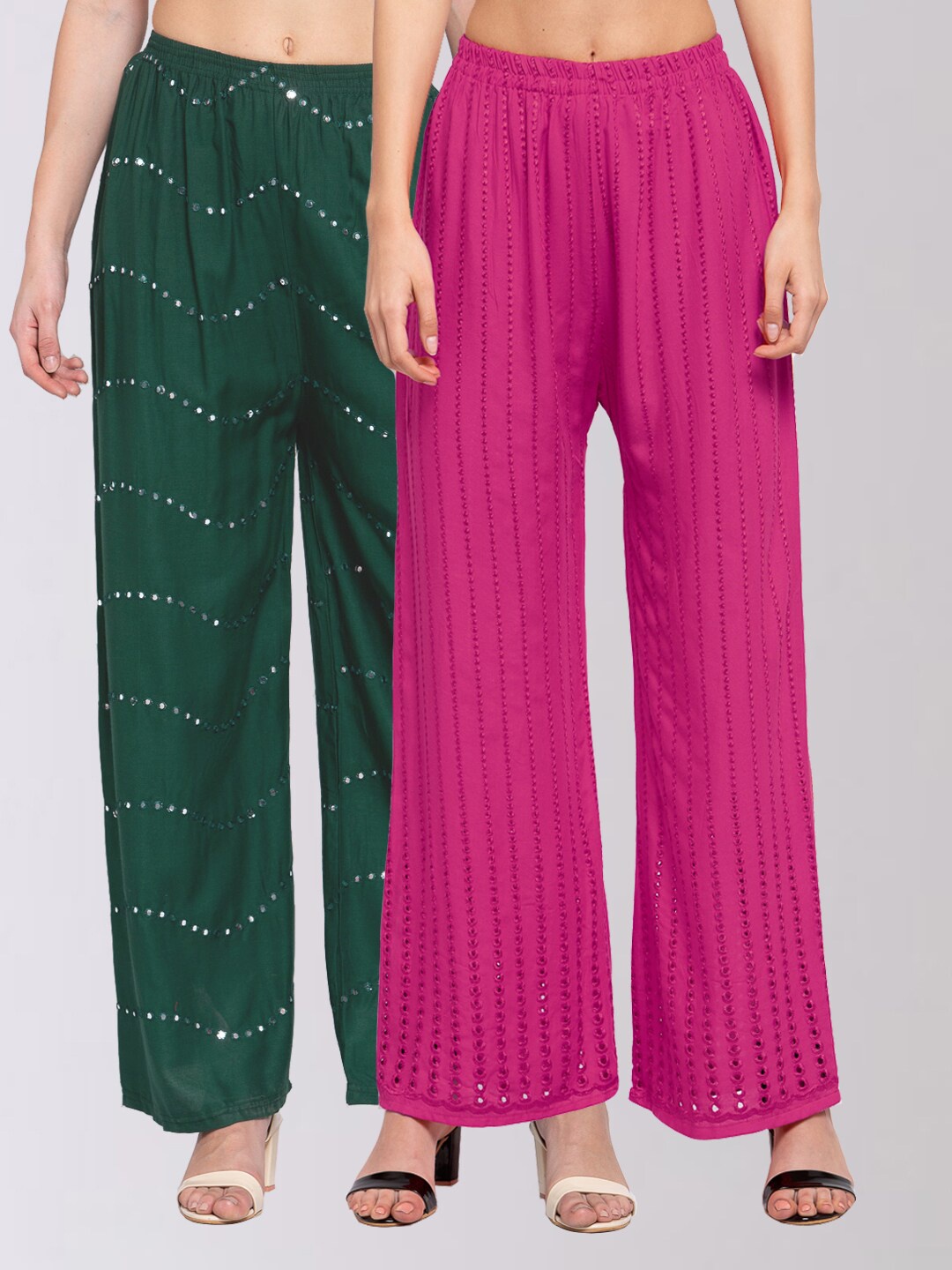 

KLOTTHE Women Pack of 2 Embroidered Wide Leg Palazzos, Pink