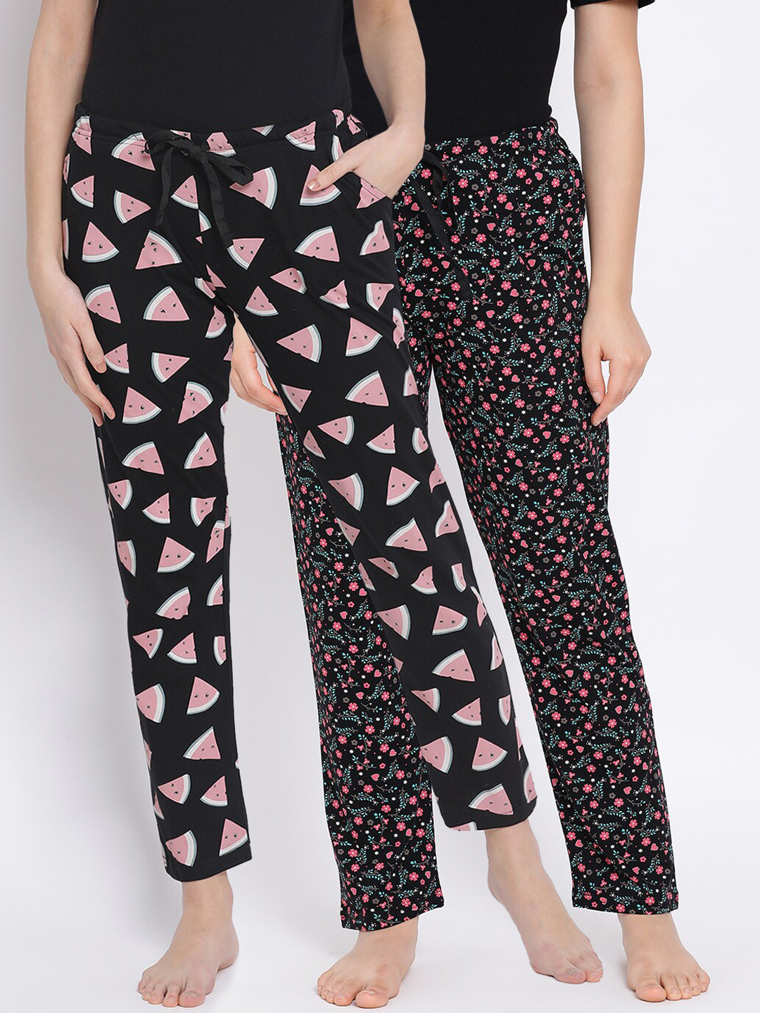 

Kanvin Women Pack Of 2 Printed Pure Cotton Lounge Pants, Black