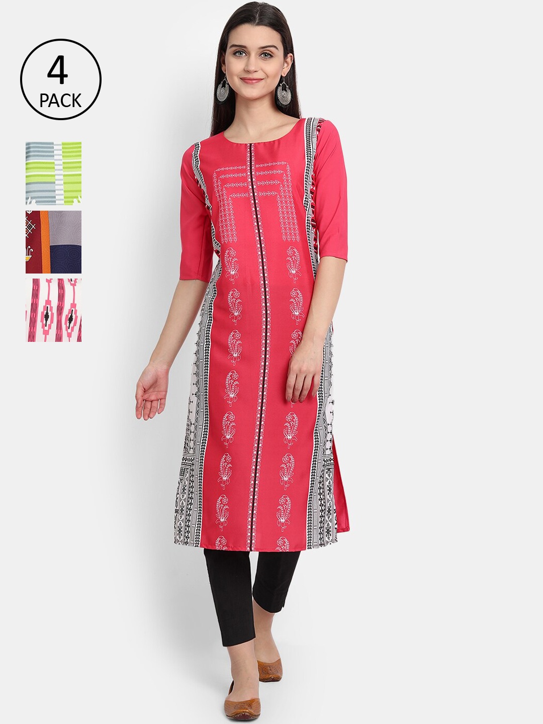 

Ethnic basket Women Pack Of 4 Printed Crepe Kurta, Pink