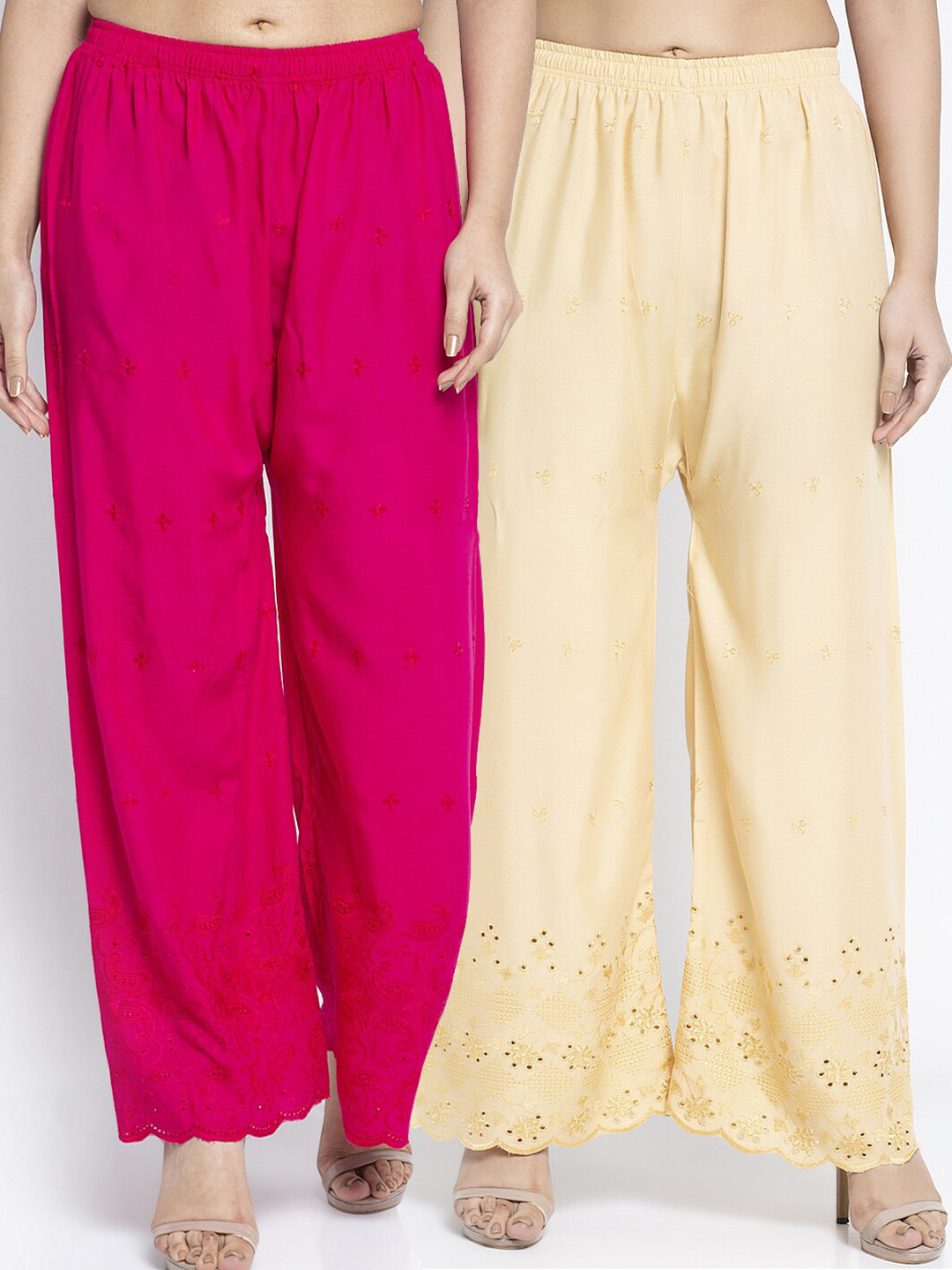 

GRACIT Women Pack of 2 Embroidered Flared Palazzos, Pink