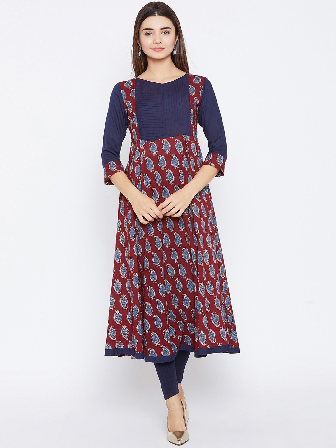 

PANIT Women Maroon & Navy Blue Paisley Printed Anarkali Kurta
