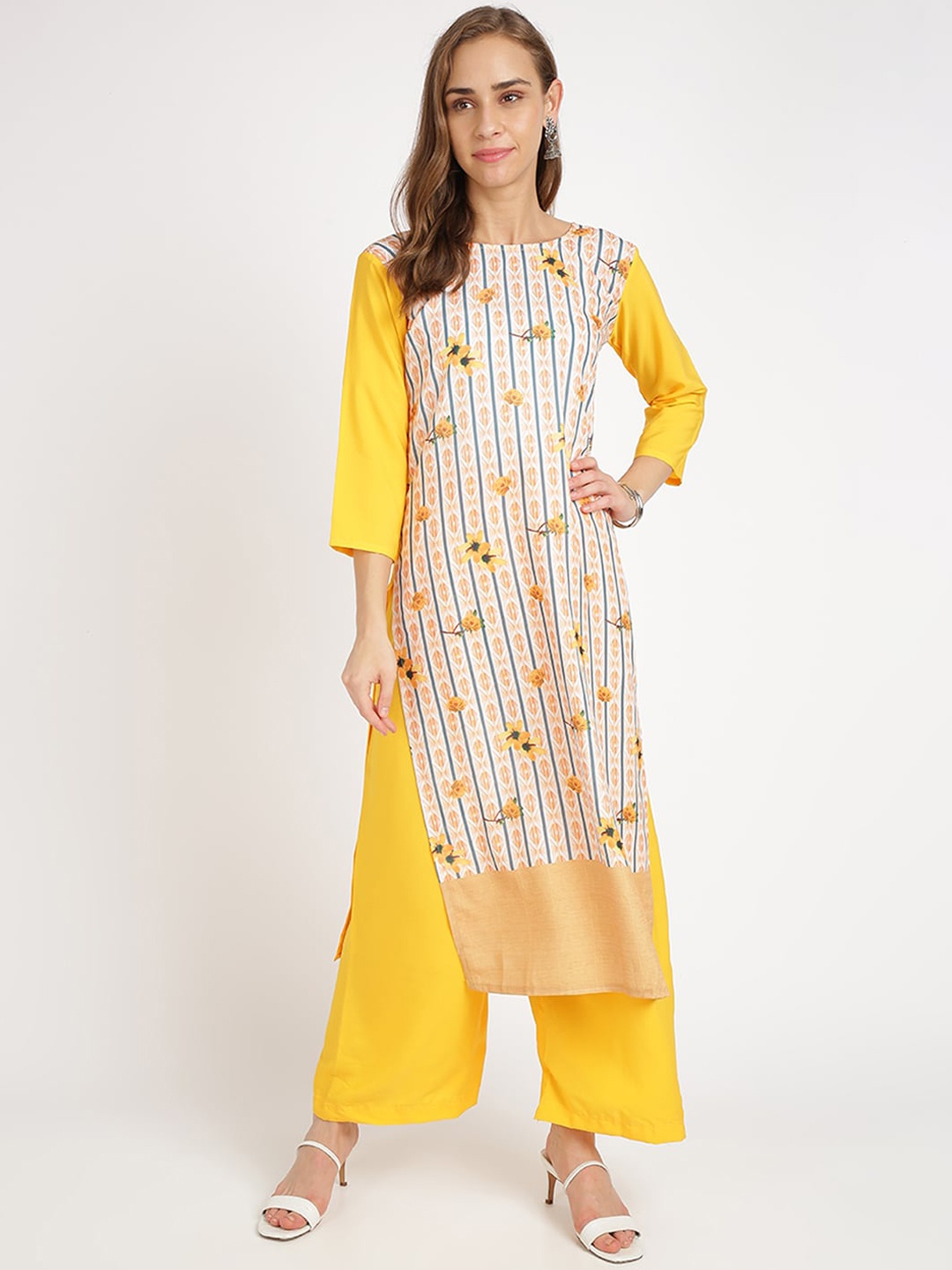 

Florence Women Off-White & Yellow Striped Straight Kurta & Palazzos