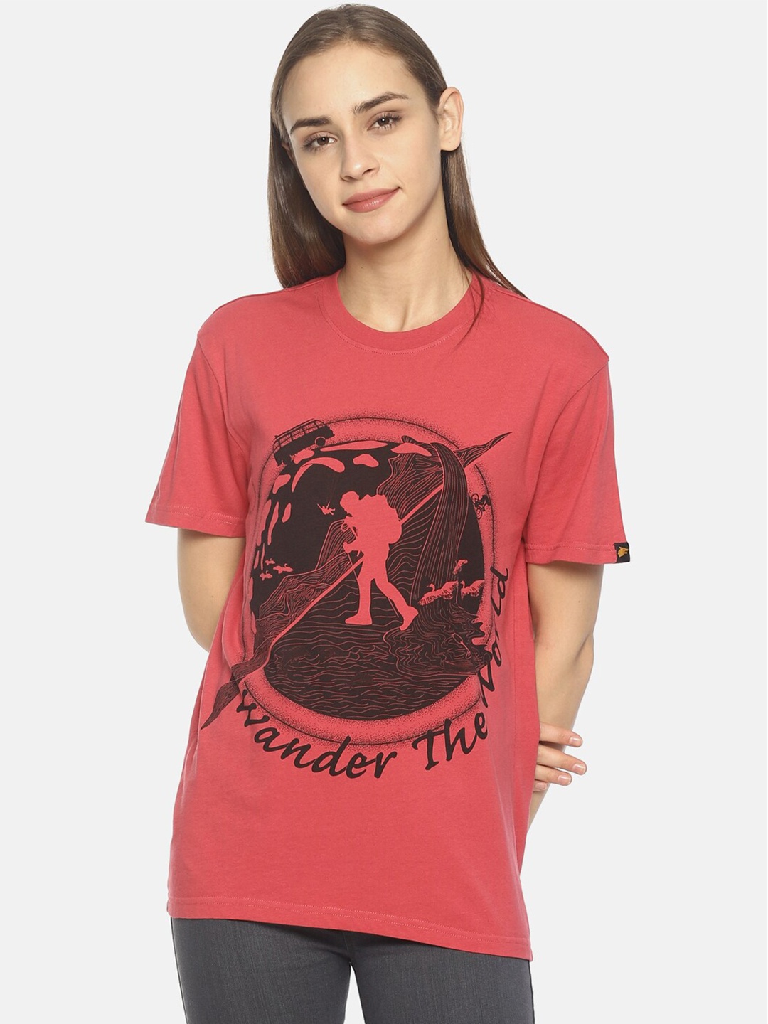 

Wolfpack Women Dark Pink Printed Wander The World Round Neck Cotton T-shirt