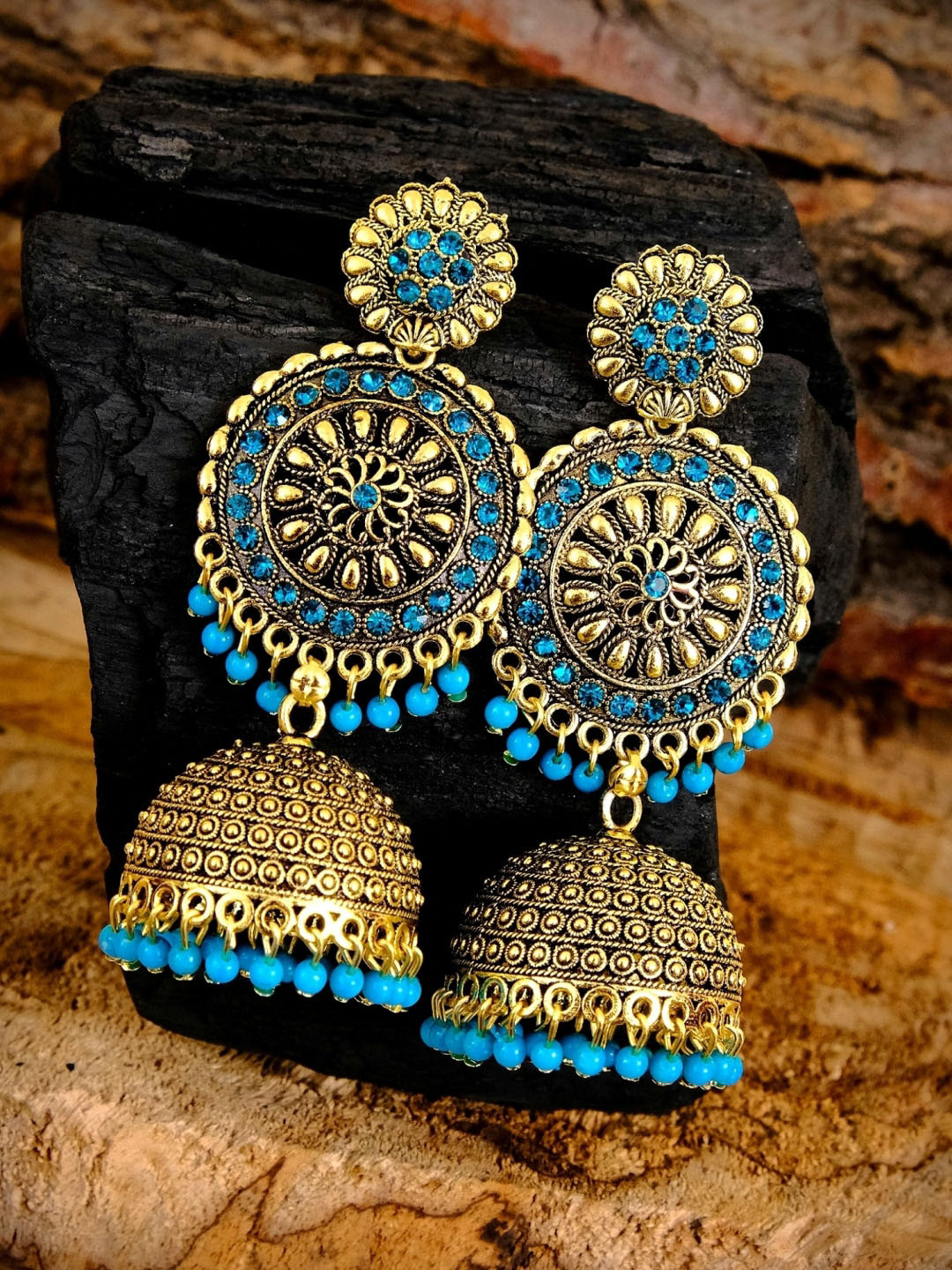 

Crunchy Fashion Gold-Plated & Blue Handcrafted Contemporary Jhumkas