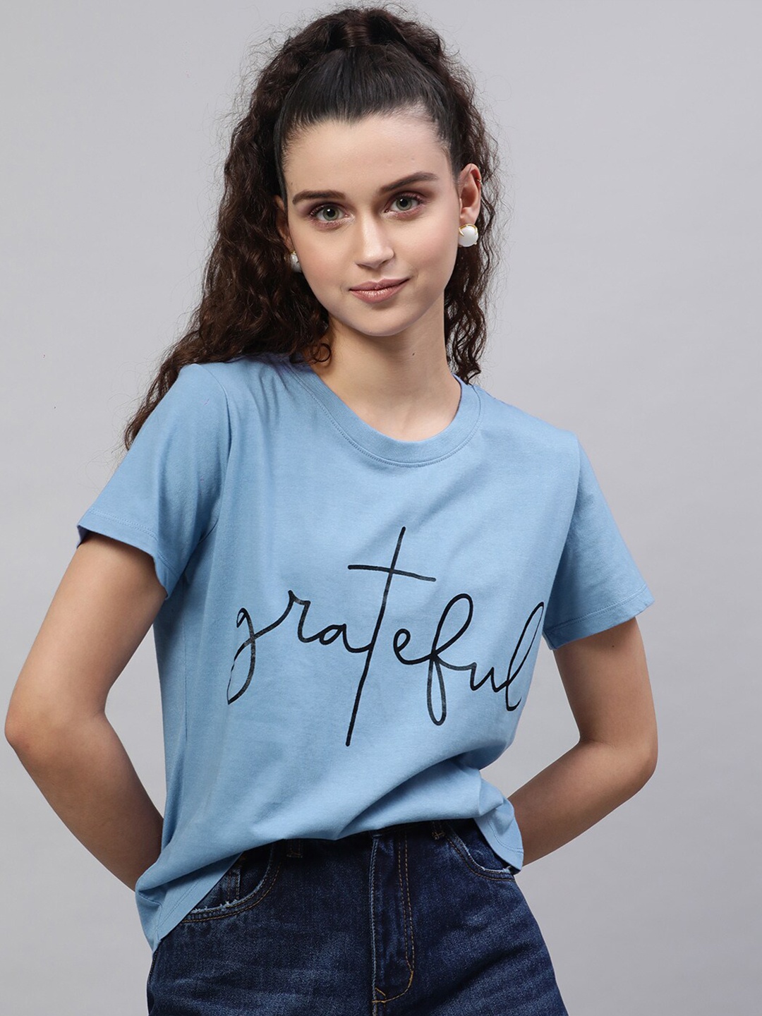STREET 9 Women Blue Printed Round Neck Pure Cotton T-shirt