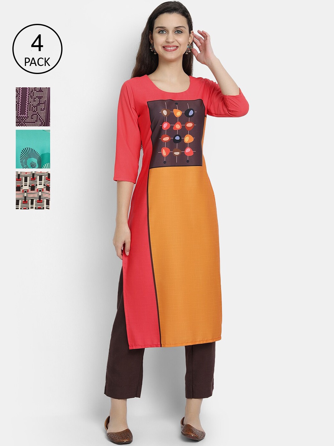 

Ethnic basket Women Pack Of 4 Ethnic Motifs Printed Crepe Kurta, Multi