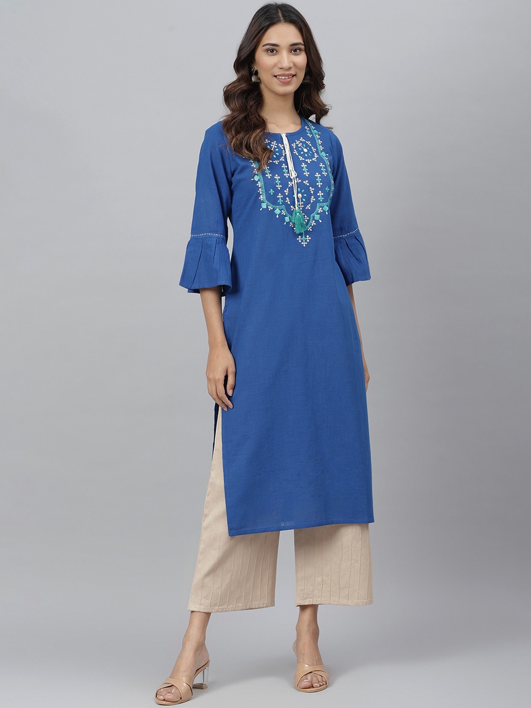 

JAIPUR ATTIRE Women Blue Geometric Yoke Design Kurta