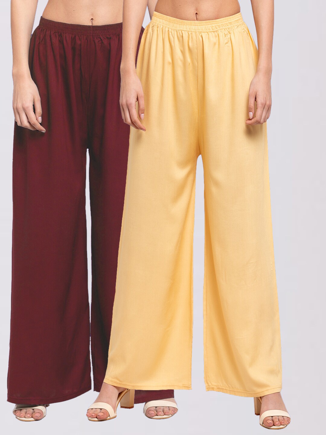 

KLOTTHE Pack of 2 Women Beige & Burgundy Solid Wide Leg Palazzos