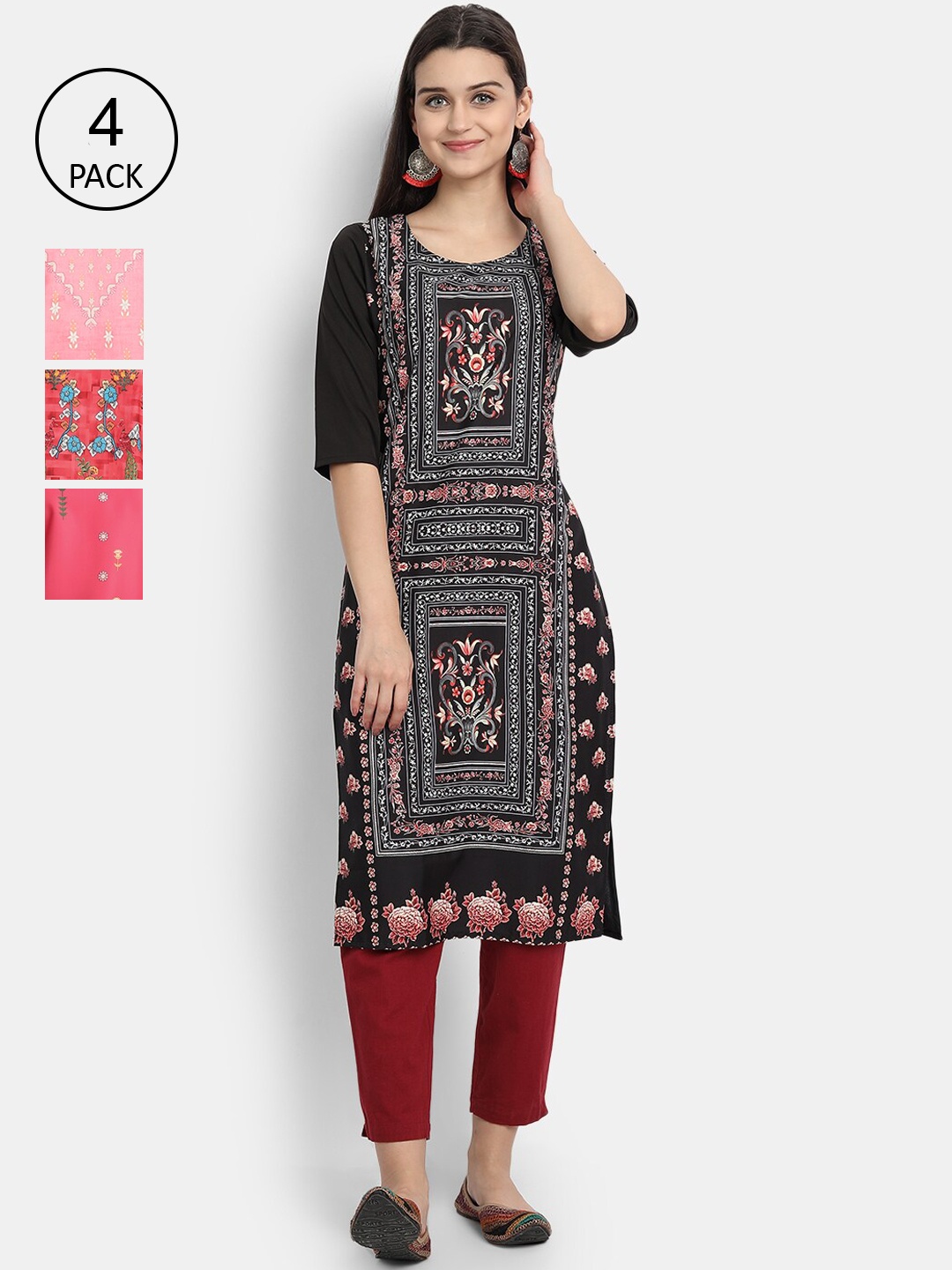 

Ethnic basket Women Pack Of 4 Printed Crepe Kurtas, Multi