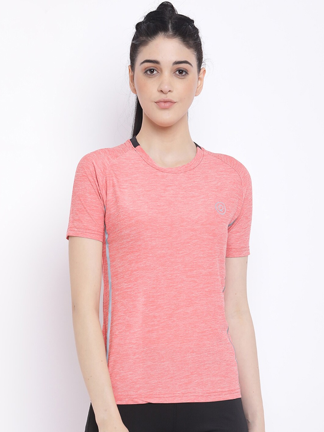 CHKOKKO Women Peach-Coloured Solid Round Neck Gym T-shirt