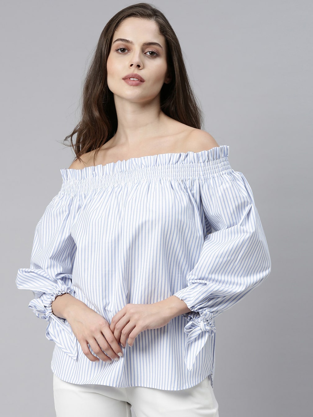 

RAREISM Women Blue Striped Off-Shoulder Bardot Top