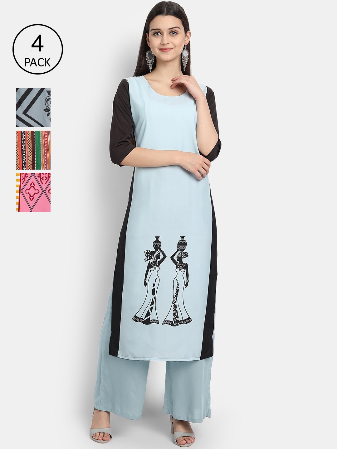 

Ethnic basket Women Pack of 4 Printed Crepe Kurtas, Blue