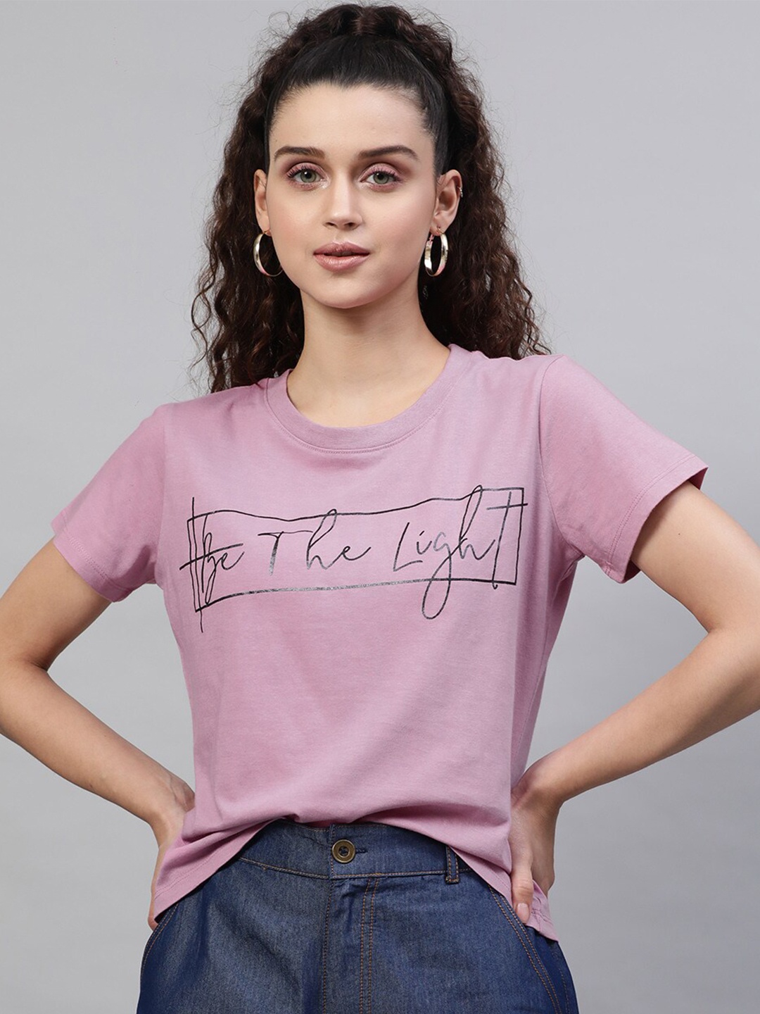 

STREET 9 Women Lavender Printed Round Neck Pure Cotton T-shirt