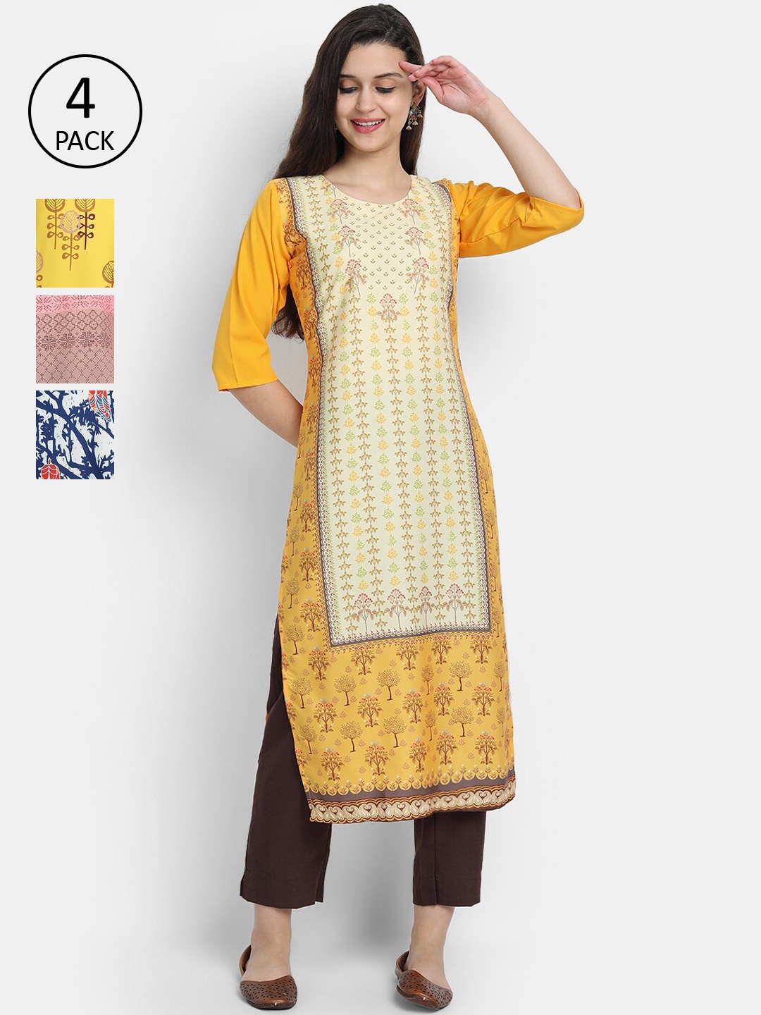 

Ethnic basket Women Pack Of 4 Ethnic Motifs Printed Crepe Kurta, Multi