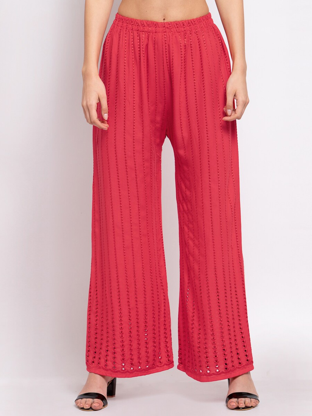 

KLOTTHE Women Fuchsia Pink Embroidered Wide Leg Palazzos