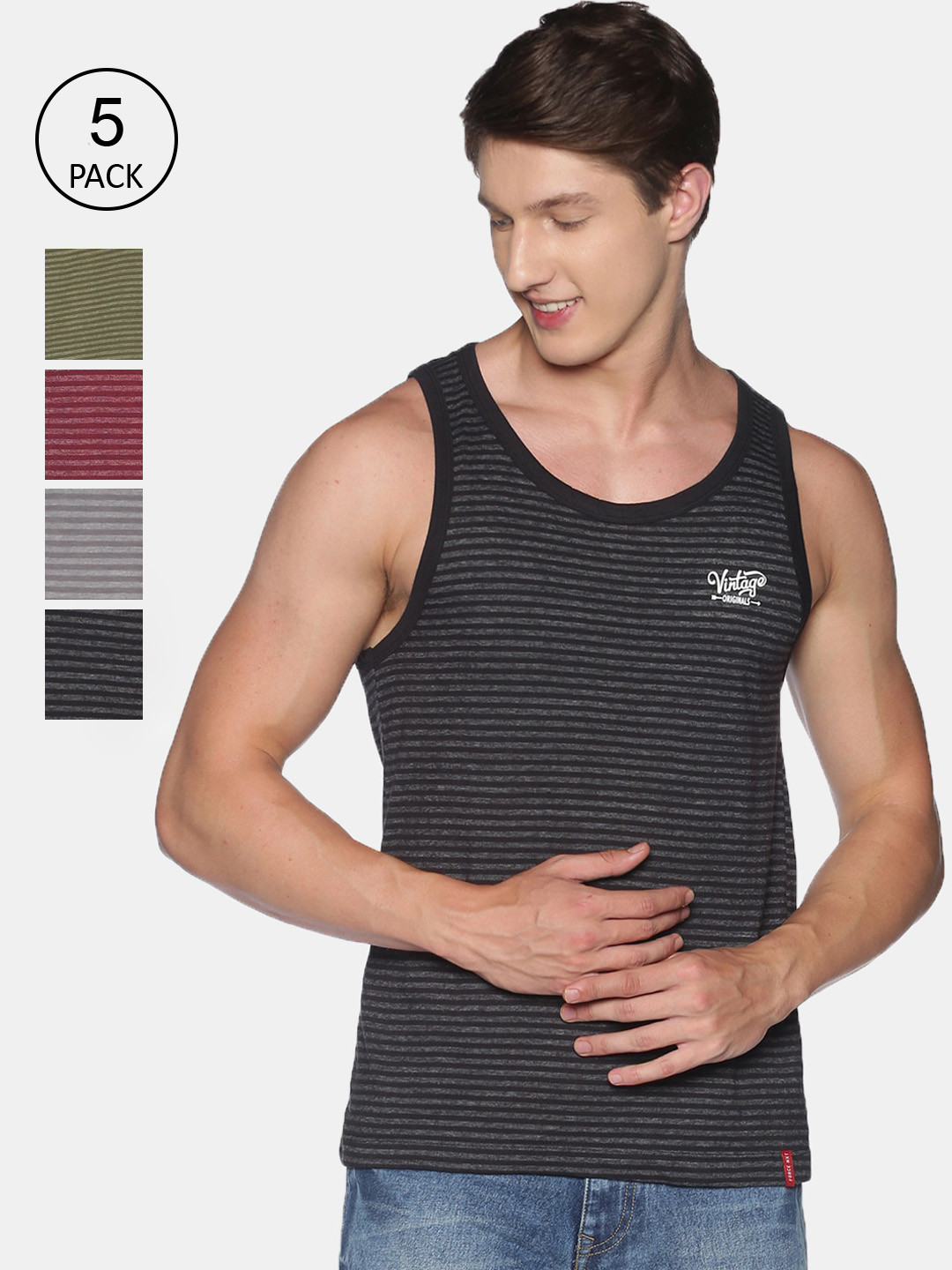 

Force NXT Men Pack Of 5 Striped Cotton Zest Tank Vests, Blue