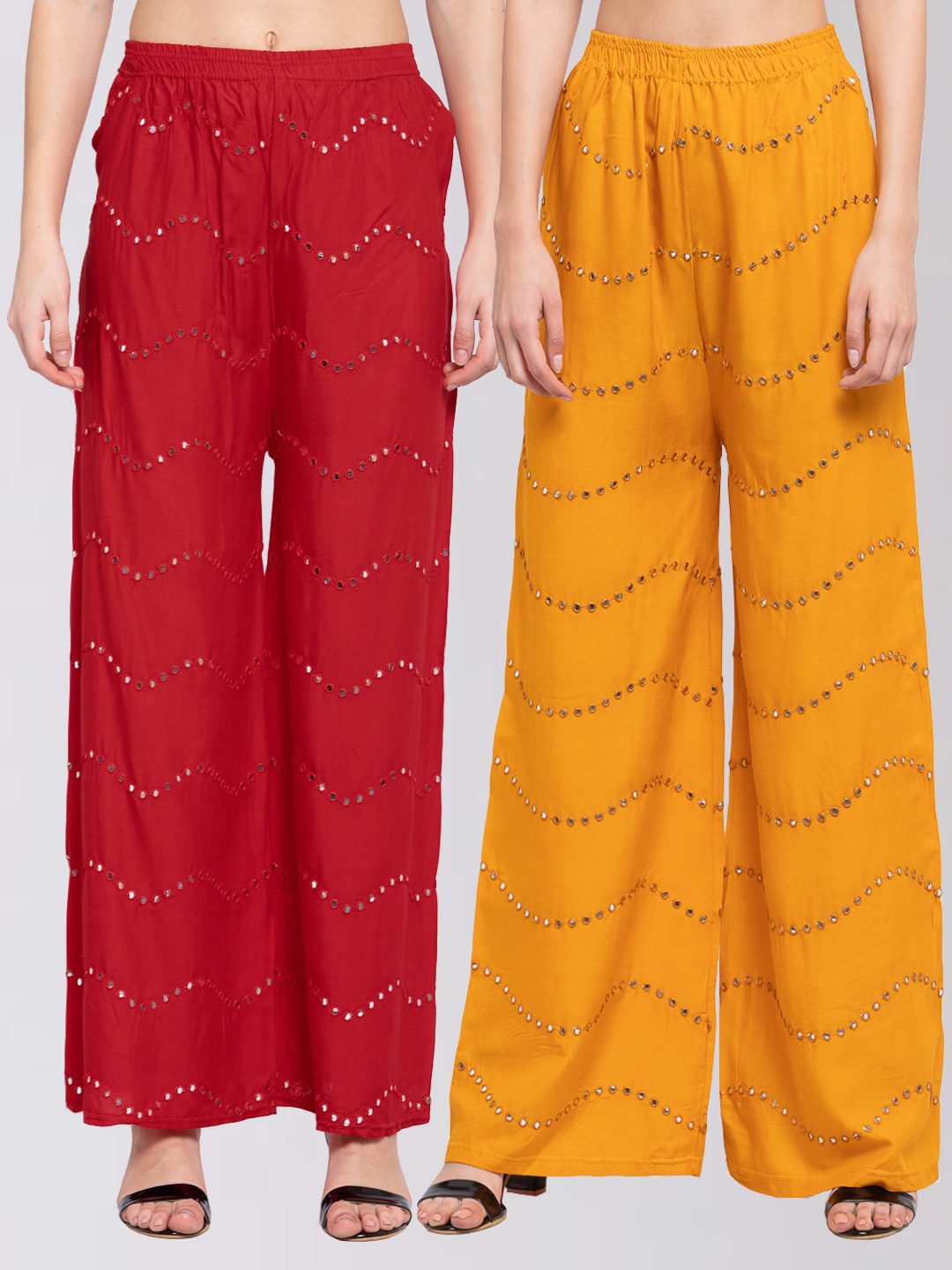 

KLOTTHE Women Pack Of 2 Yellow & Red Embroidered Wide Leg Palazzos