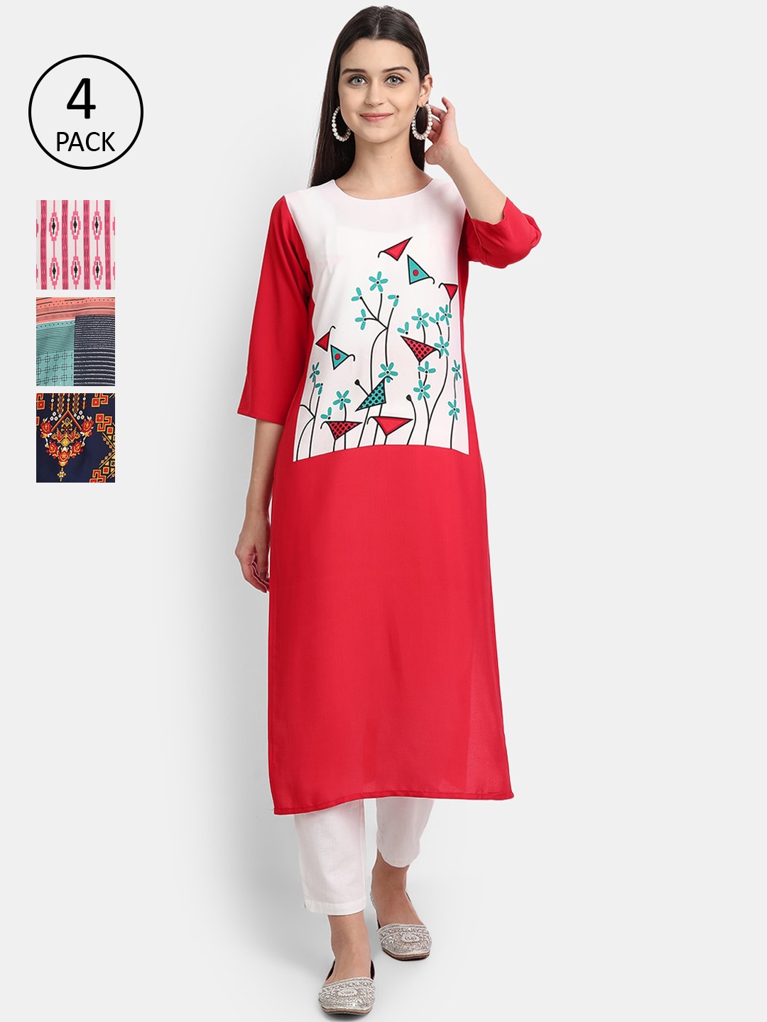 

Ethnic basket Women Pack Of 4 Printed Flared Sleeves Crepe Kurta, Red