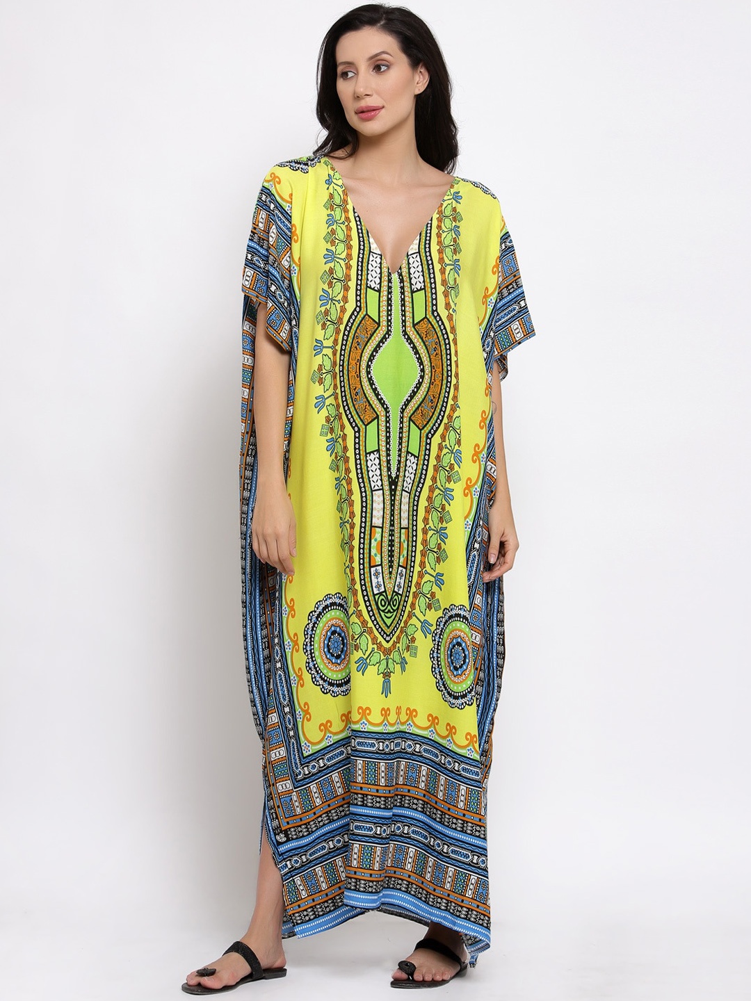 

iki chic Multicoloured Pure Cotton Printed Kaftan Maxi Dress, Multi