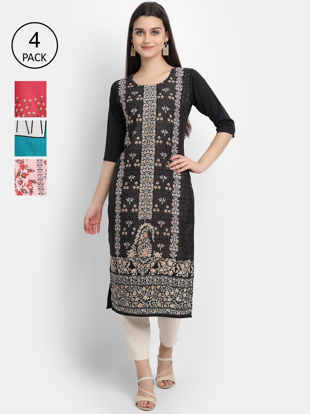 

Ethnic basket Women Pack Of 4 Multicoloured Ethnic Motifs Printed Crepe Kurta, Multi